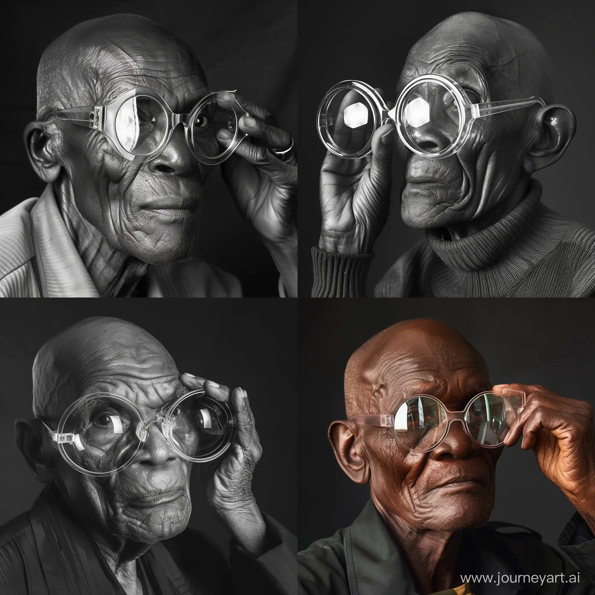 Old African bald man wearing oversized clear and  reflective round glasses. He’s adjusting the glasses with one hand 