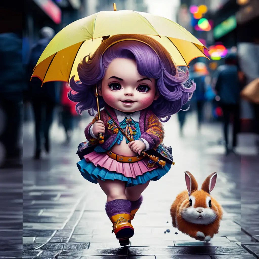 Chibi-loli with wavy purple hair walks brisk business gait on the city street, chibi-loli holds a bright umbrella, next to chibi-loli runs a fluffy rabbit, bright colours, beautiful, fun, cute