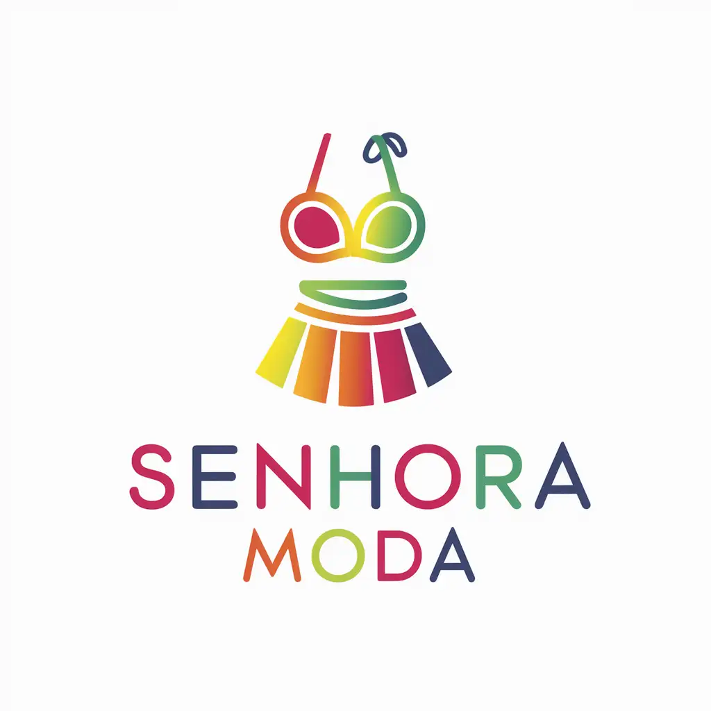 Logo brand of a cheap clothing company called Senhora Moda. The brand logo needs to have a representation of a bikini and a short dress. The background, letters, and representations should be colored to call attention. Perfect and complete letters. The image should not contain in any way: people, words such as "cheap", "budget" or "affordable"