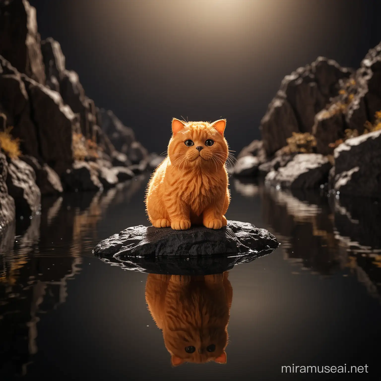 Adorable Orange Chubby Cat Miniature Perched on Rock Amidst Black Waters with Reflection Effect