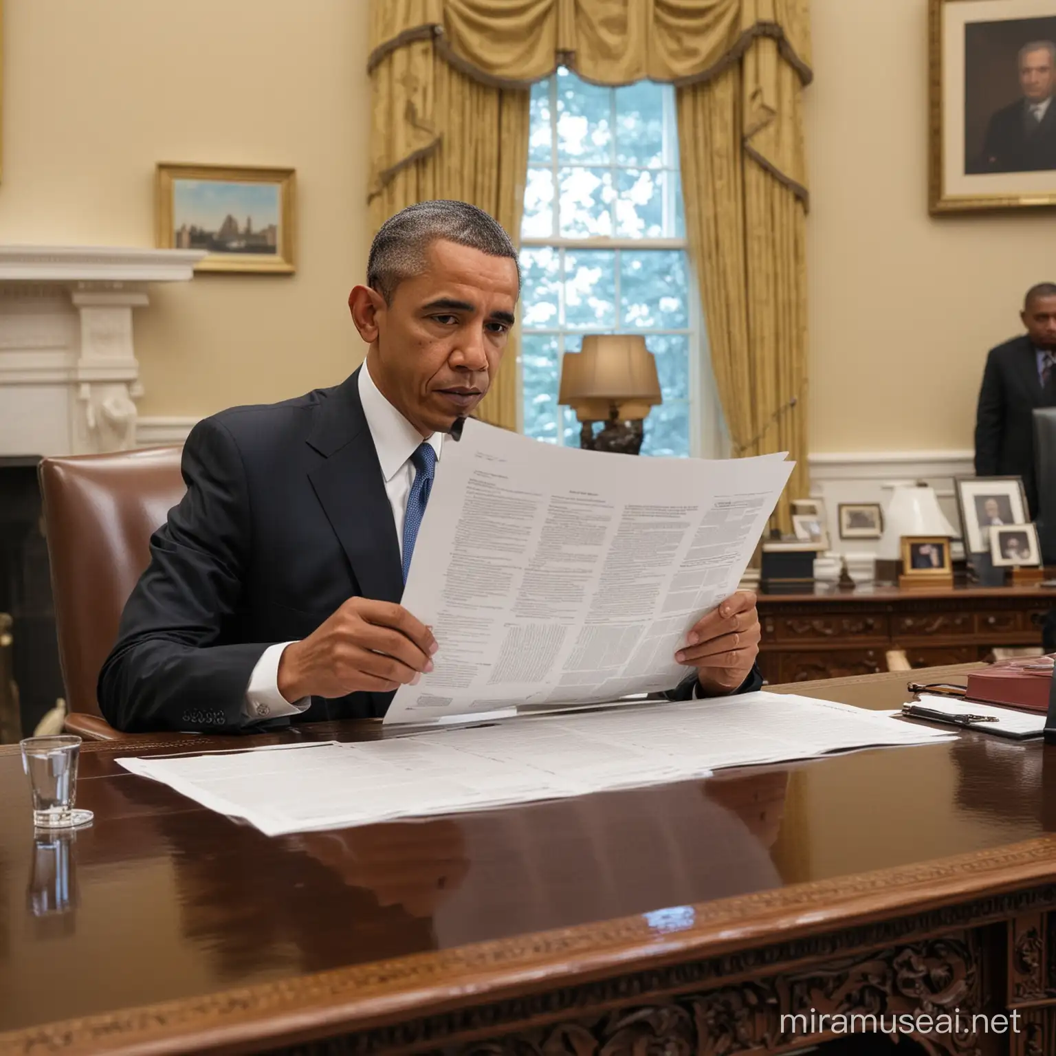 obama sitting in his office looking at paper analyzing something