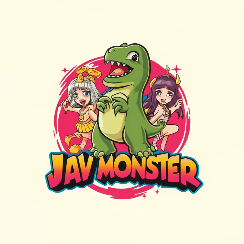 a logo design,with the text "JAV
MONSTER", main symbol:a funny and cute dinosaur with two sexy japanese idols naked,Moderate,be used in Entertainment industry,clear background