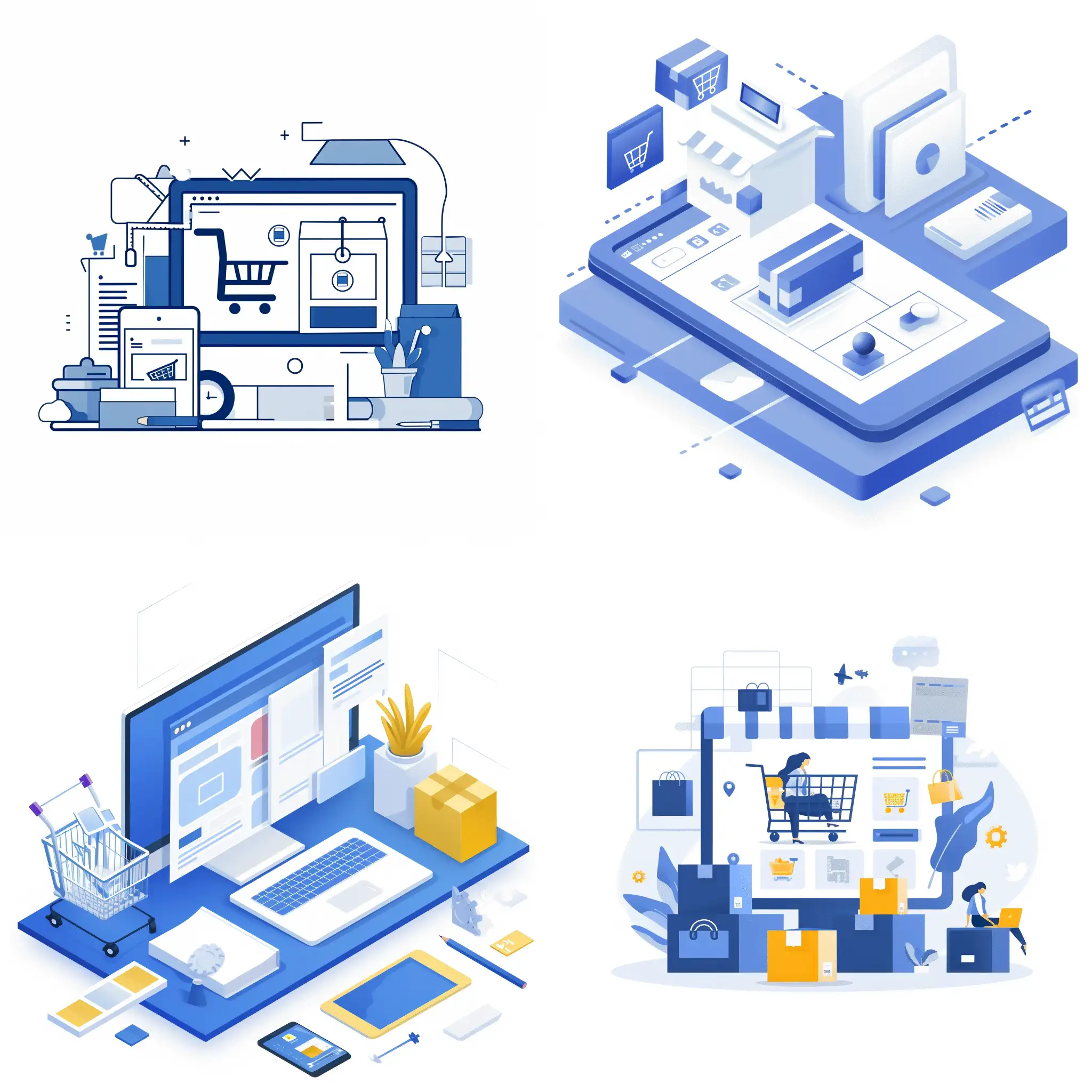 illustration a minimal graphic image about building a website with ecommerce builder with plain white background and blue color pallet in design (Code: FFFF)