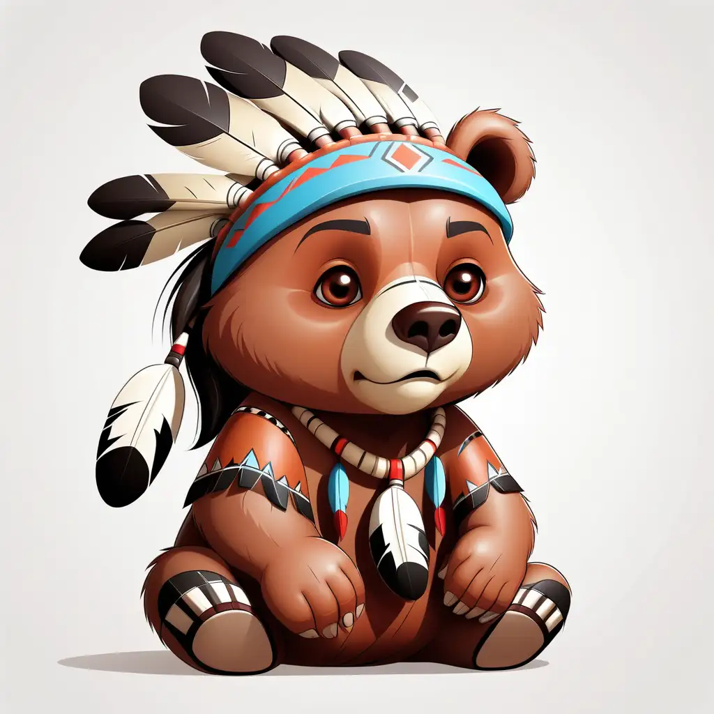 a cute bear in cartoon style as american indian with white background