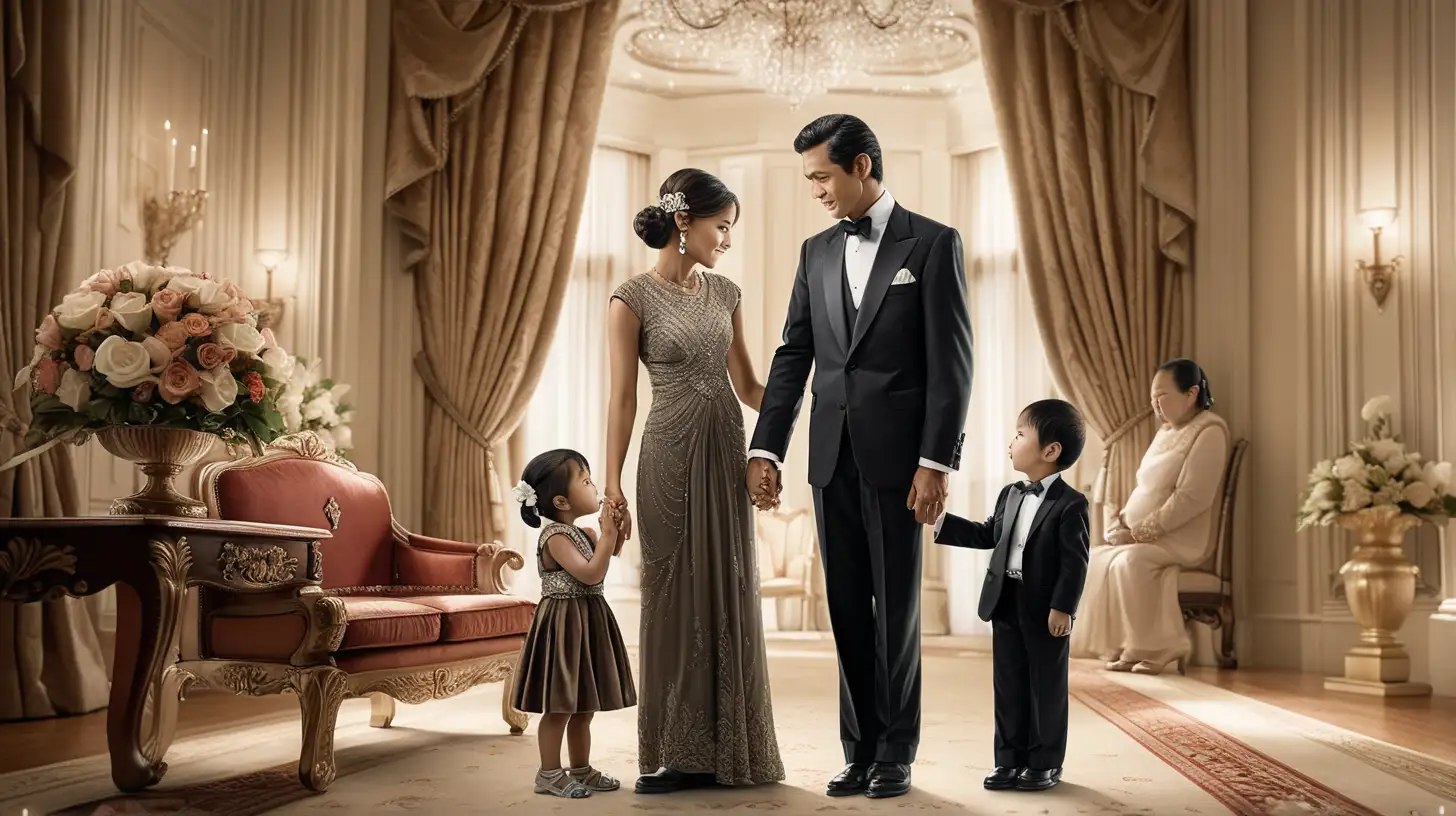 Create an image depicting a heartwarming scene where a wealthy couple, elegantly dressed, stands with heartfelt gratitude, embracing a less affluent couple. The setting is a lavish, upscale location with opulent surroundings.

The focus of the image is the emotional exchange between the two couples. The affluent couple is expressing profound thanks to the humble, modestly dressed couple. The rich couple's son stands beside them, safe and sound, conveying relief and gratitude.

The poor couple exudes humility and warmth, having rescued the wealthy couple's child from a perilous situation. Their expressions reflect a mix of humility, kindness, and a sense of having done the right thing.

The image captures a moment of genuine connection, transcending social and economic boundaries. It should evoke emotions of gratitude, humility, and the universal nature of human kindness.