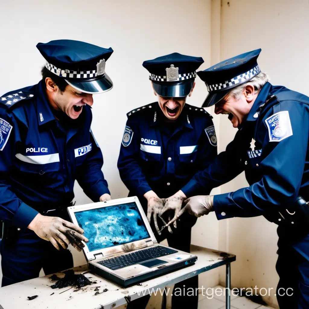 Police-Inspecting-Dusty-Laptop-Amid-Laughter-and-Suspicion