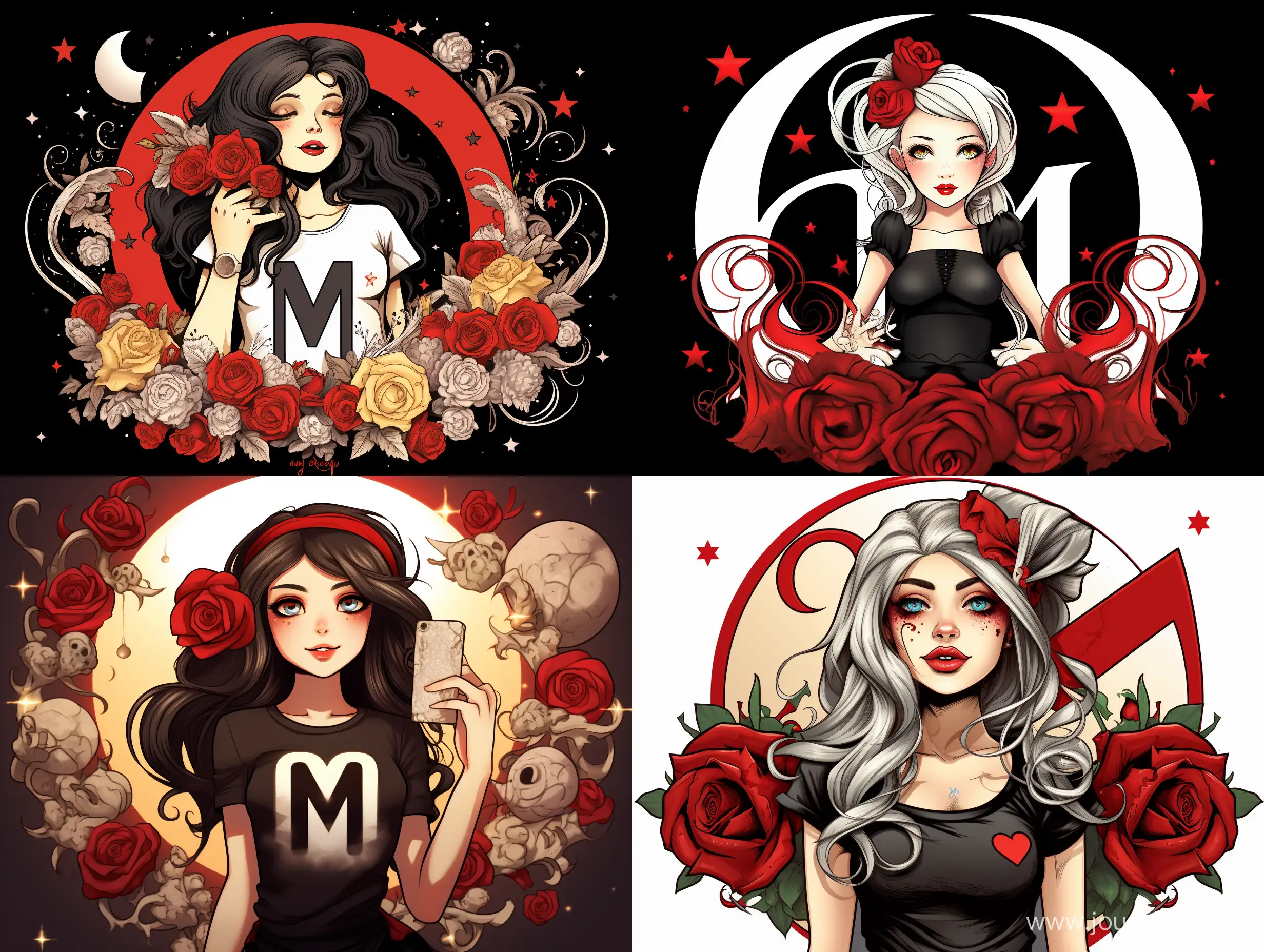 A cartoon girl wearing a black and white T-shirt with the letter M written on it, and behind her is the sun, planets, stars, wings, and red and white roses.
