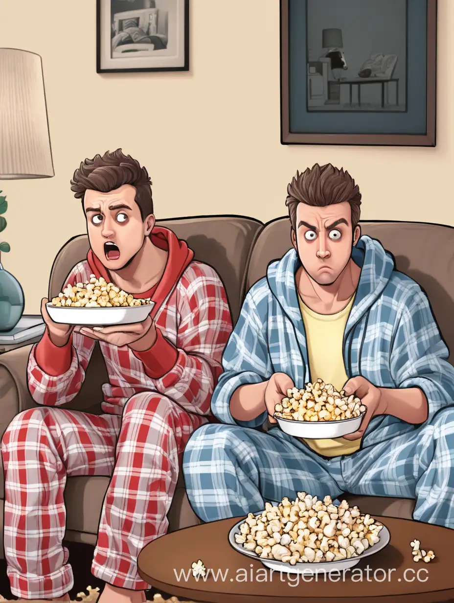 Two-Friends-Having-a-Displeased-Popcorn-Moment-in-Pajamas