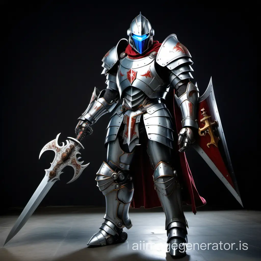 Human-sized high-tech mecha-knight, photorealistic, medieval crusader theme, calamity, Carrying a large sword on back