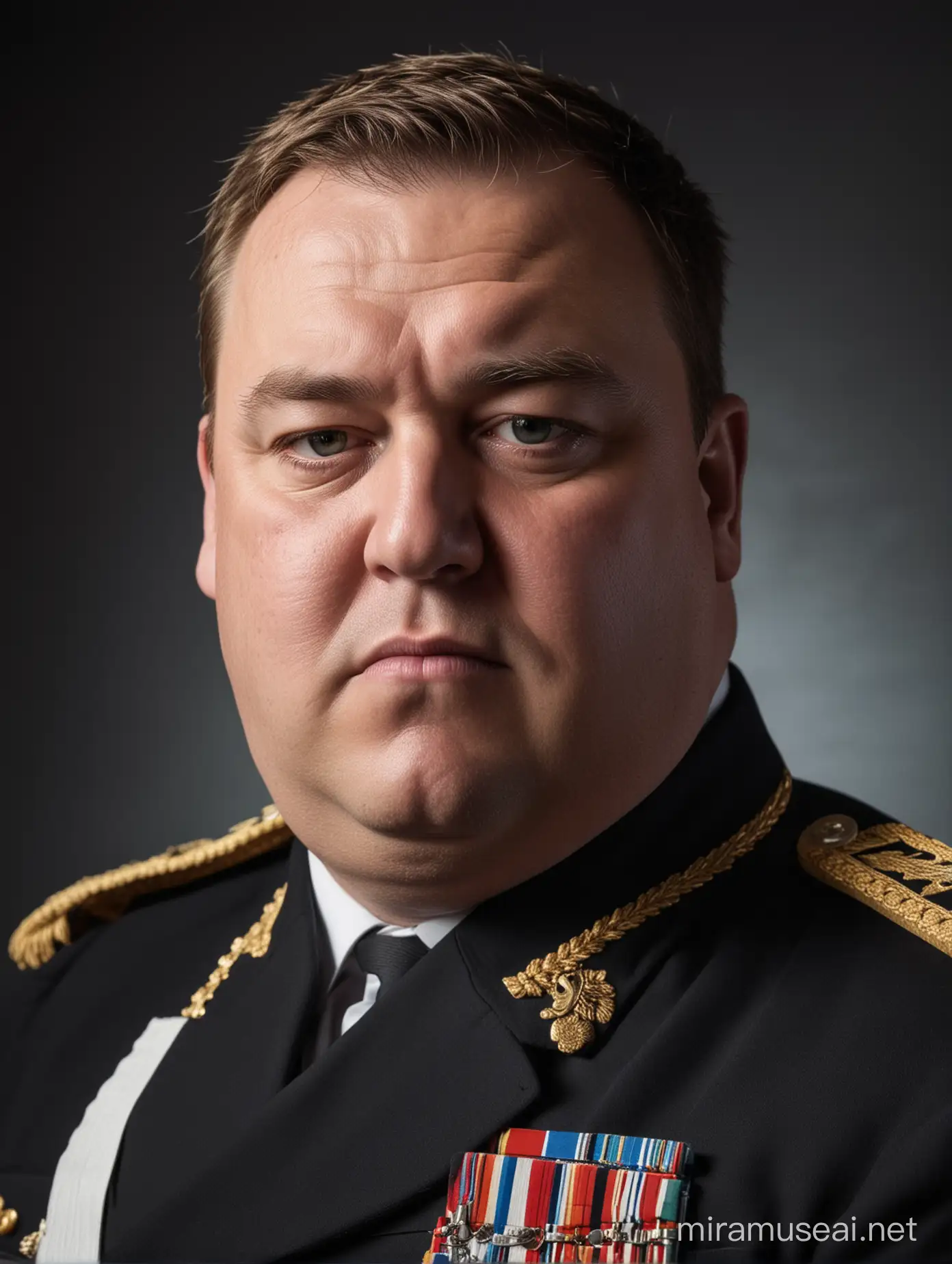 Overweight Admiral Portrait in Seated Position on Black Background