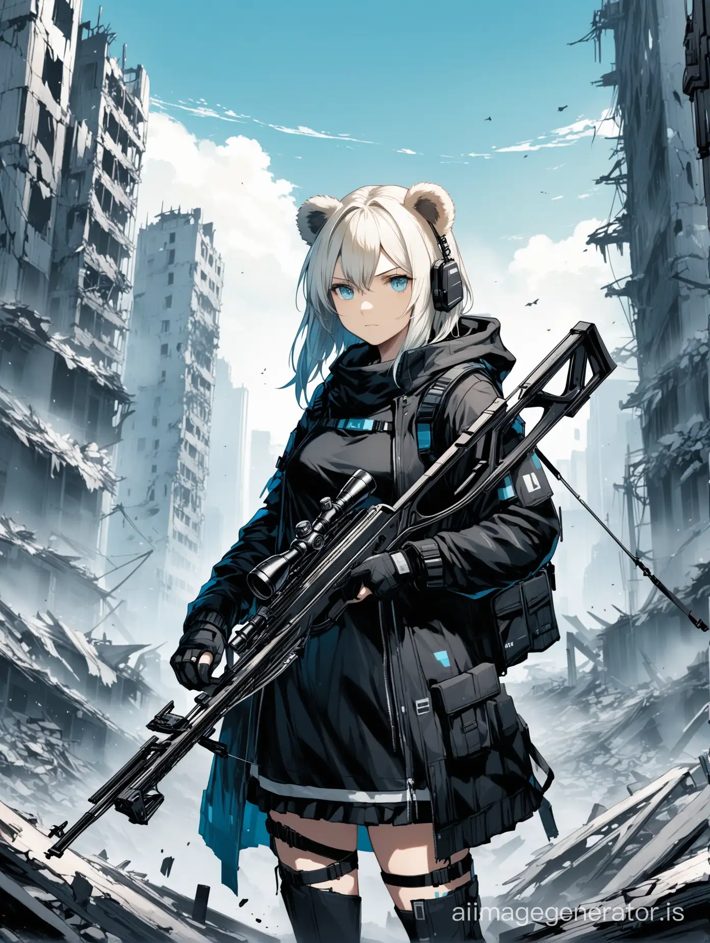 Arknights, (((Arknights))) ursus girl, bear ears,platinum hair, with a crossbow, against the background of destroyed city, (((black clothes with blue elements)))