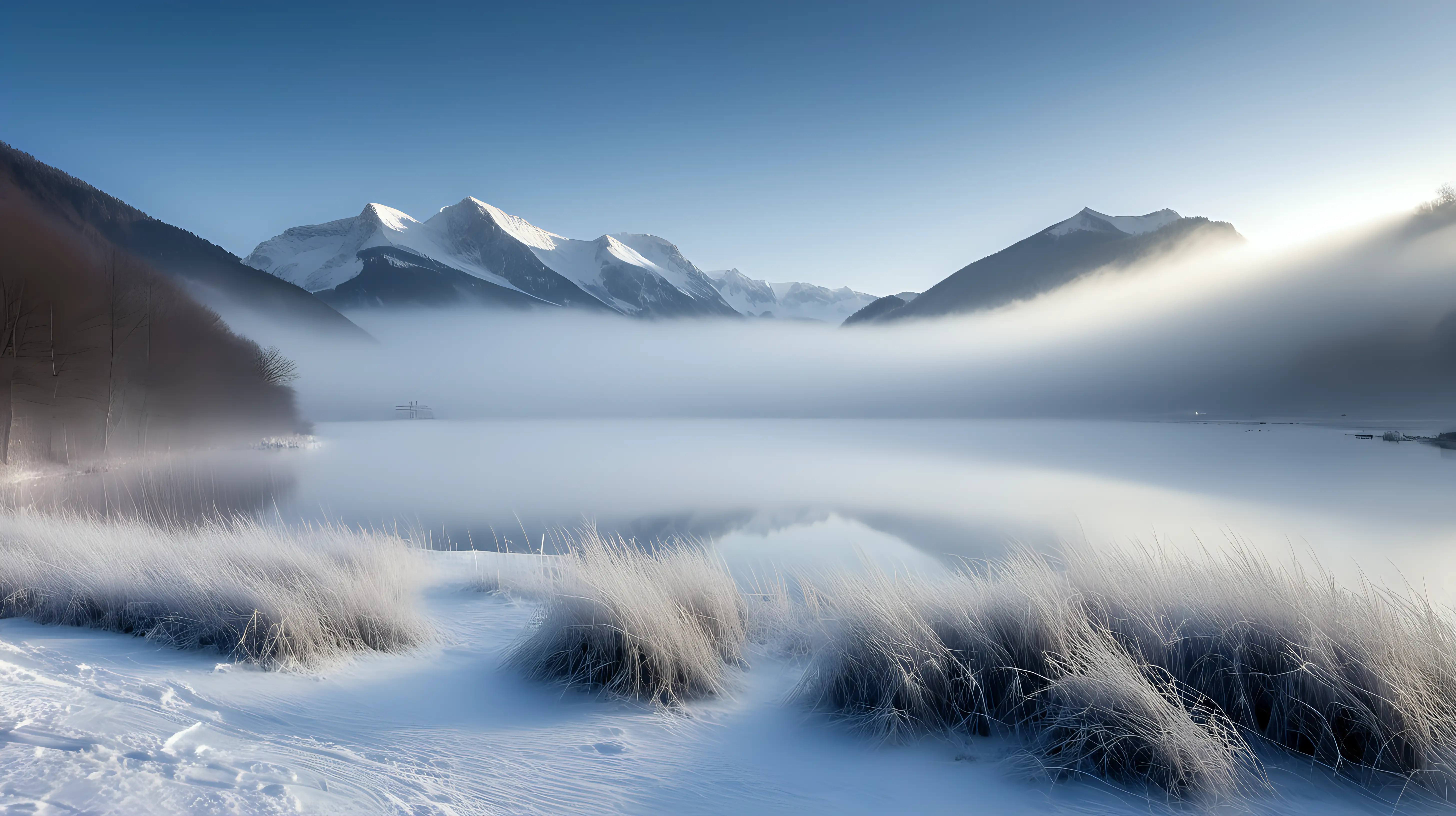 Majestic Winter Landscape with Frozen Lake Snowy Mountains and Misty Meadows