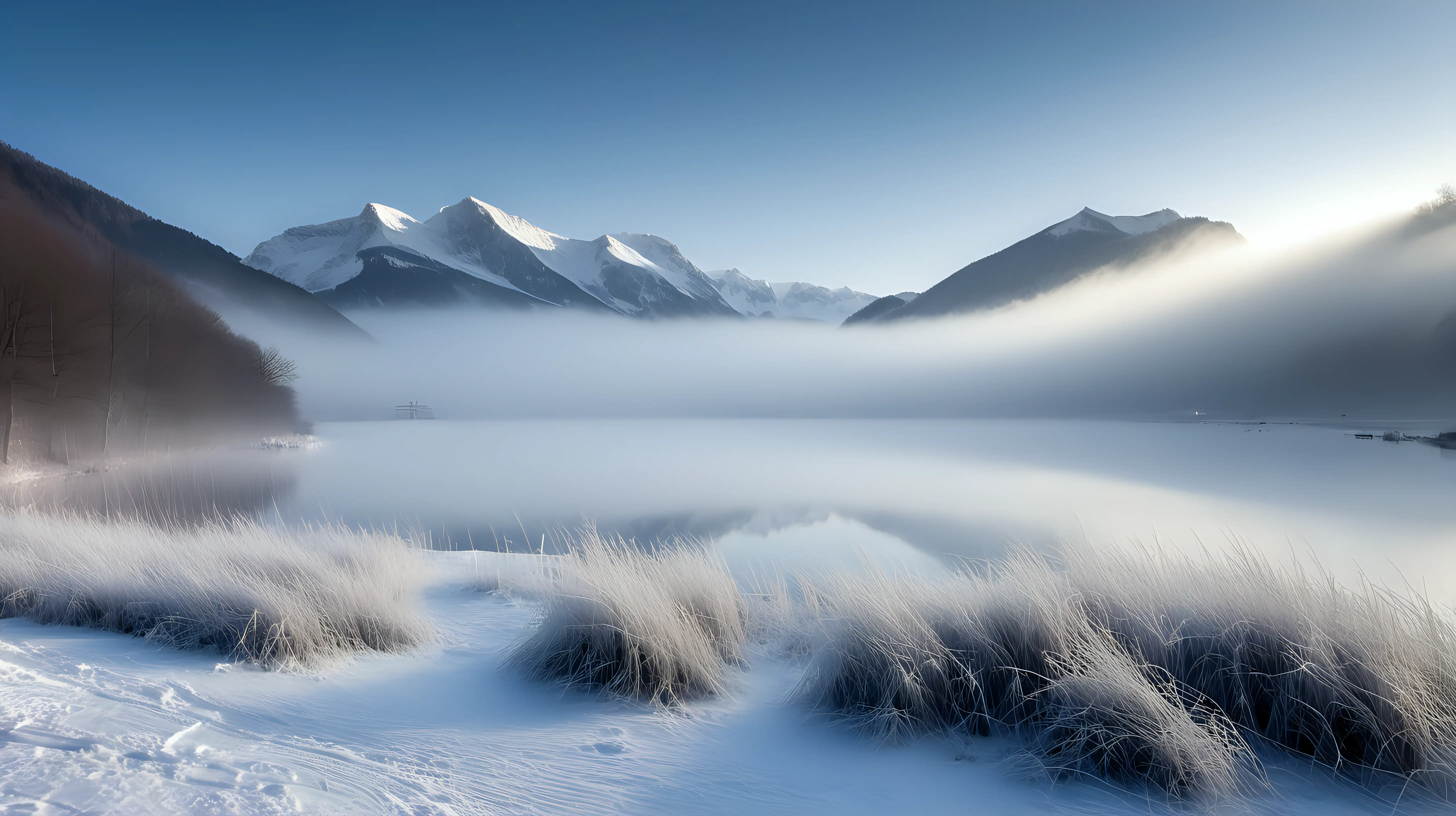 big lake mountains high grass fog ice winter snowflakes