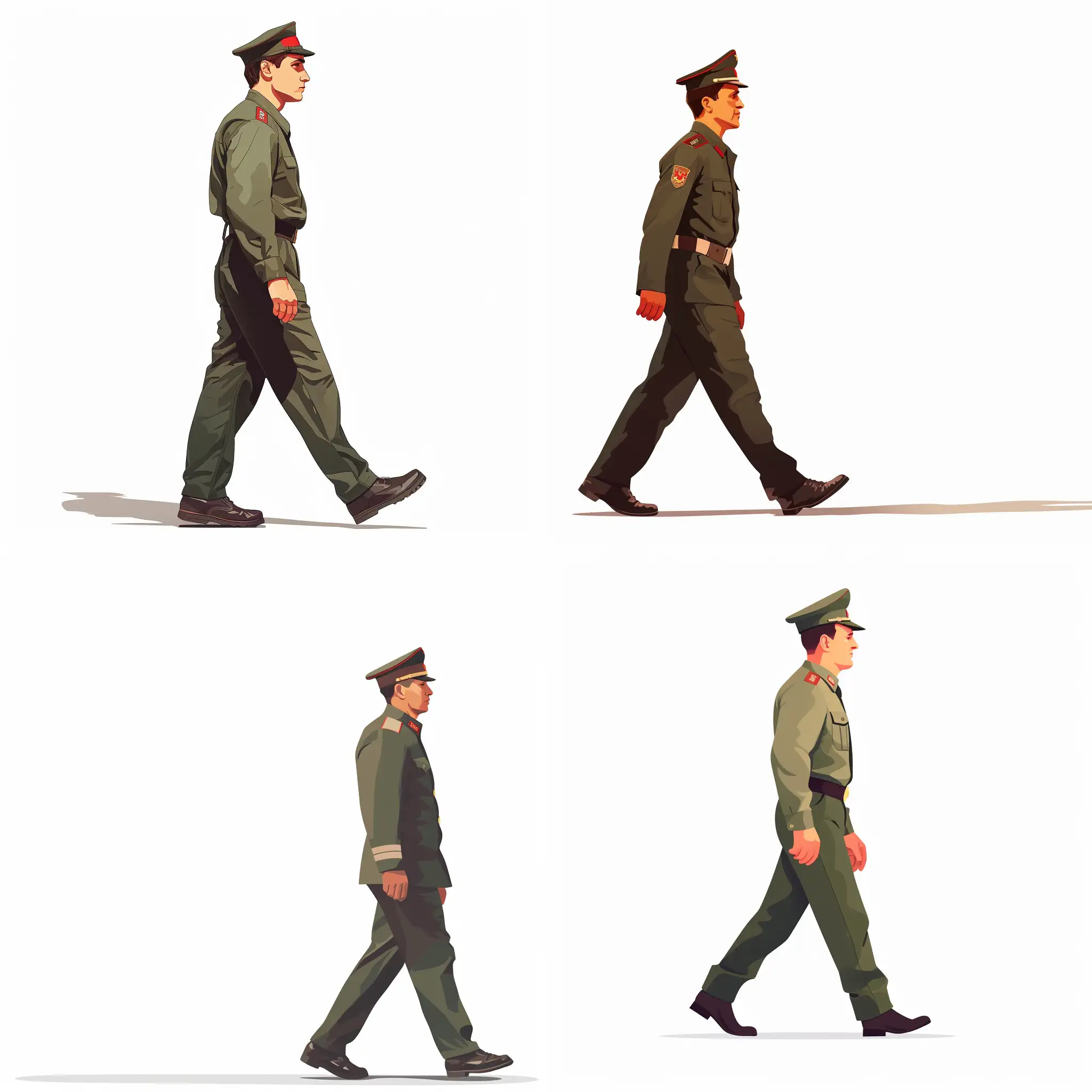 A man walking to the right, a soldier in a Russian army hat, white background, 4k, cartoon art --v 6 --ar 1:1 --no 15543