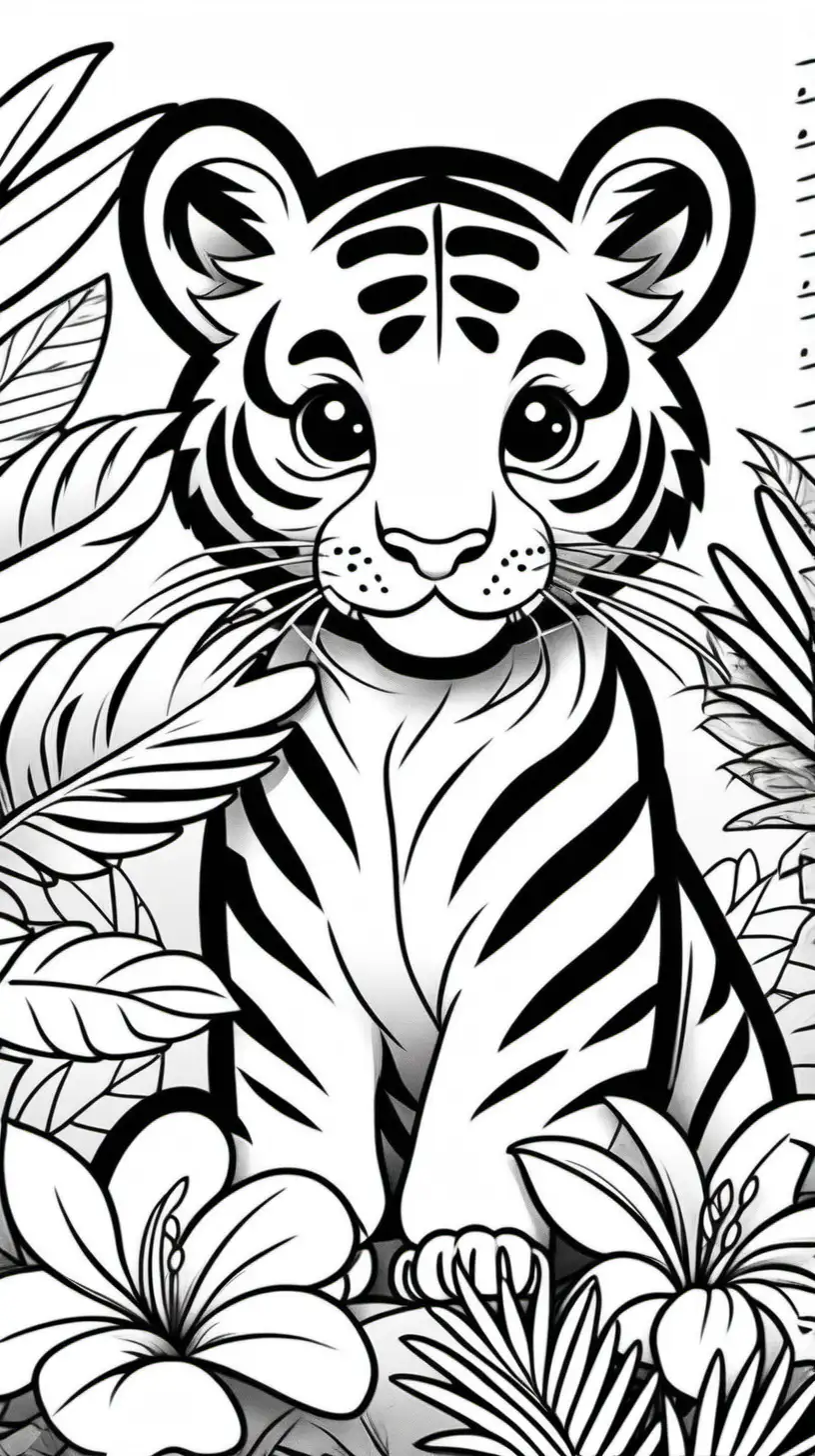 Coloring book, cartoon drawing, clean black and white, single line, in center of aspect ratio 9:16, white background, cute tiger cub, surrounded by vibrant tropical flowers.