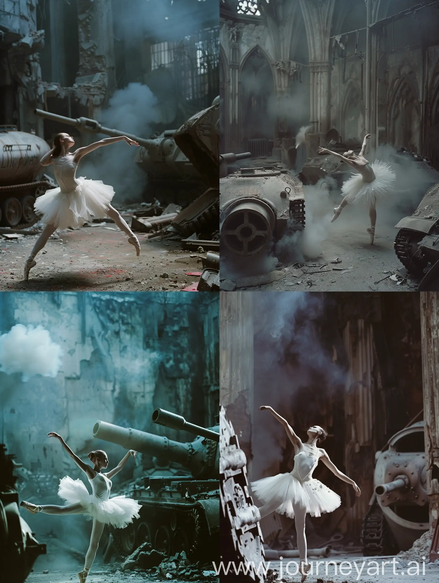 movie still frame Inspired by Steven Klein of decayed medieval sity interior, holga photography, cinema atmosphere. сломанные танки, танцующие балерины, sad pale white ballerina dancing in a dying , darkness smoke

