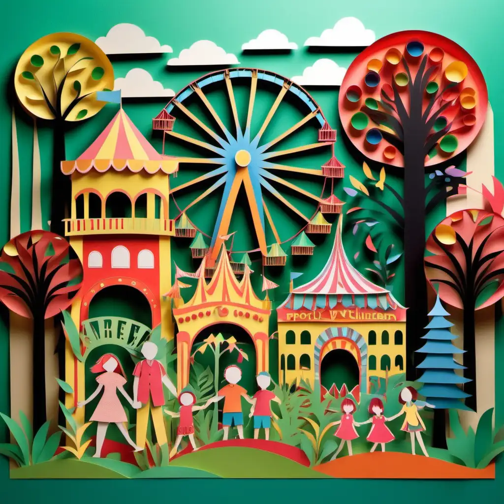 Joyful Paper Cutout Families in Vibrant Garden and Amusement Park Settings