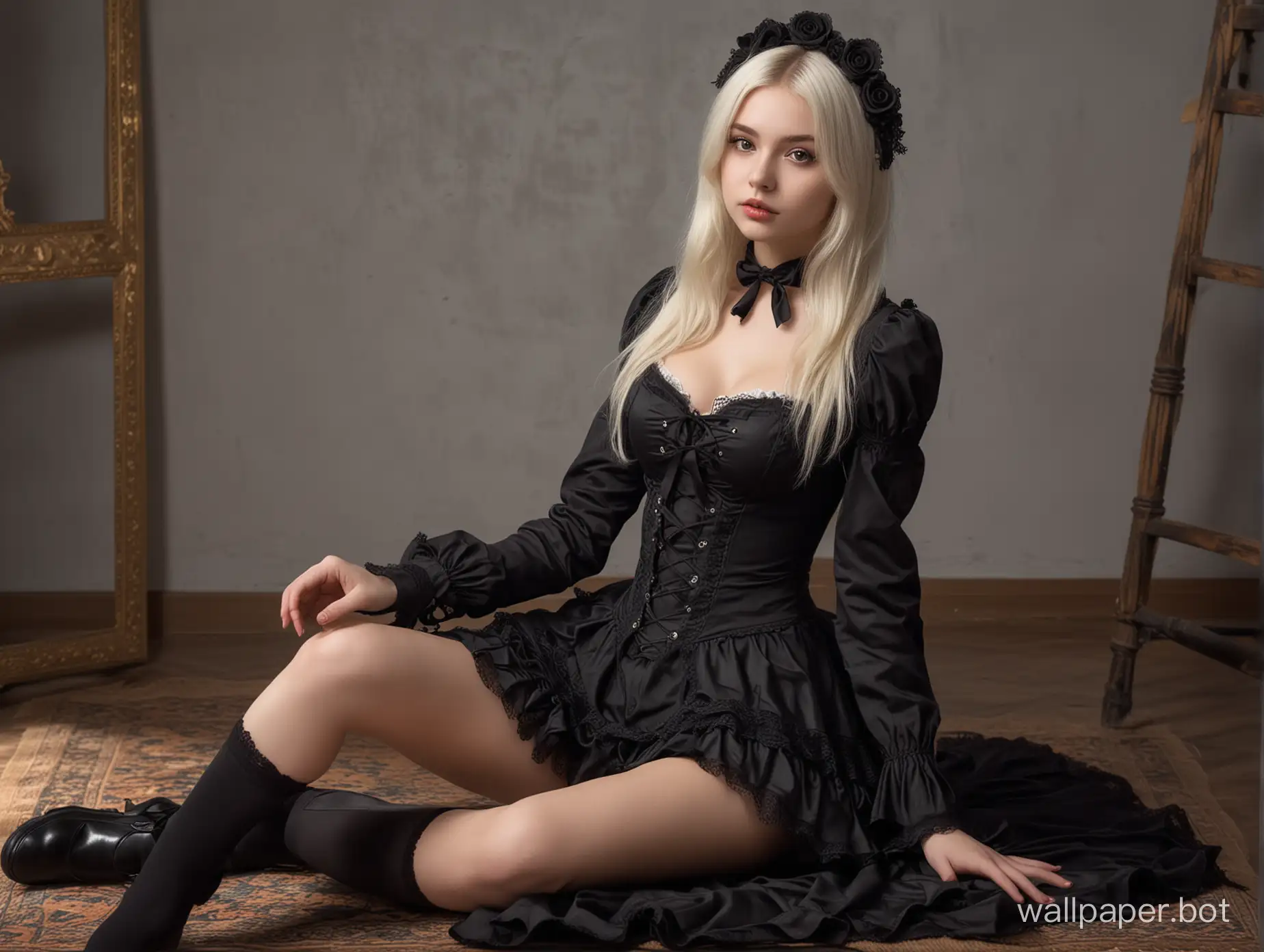 Photo of a beautiful 18 y.o. russian model, full body, wide shot, detailed skin, perfect hips, perfect body, very detailed, 4K HQ, 8K HDR, High contrast, shadows, platinum blonde hair, black gothic lolita costume, full body view, sitting with legs spread wide. show panties.