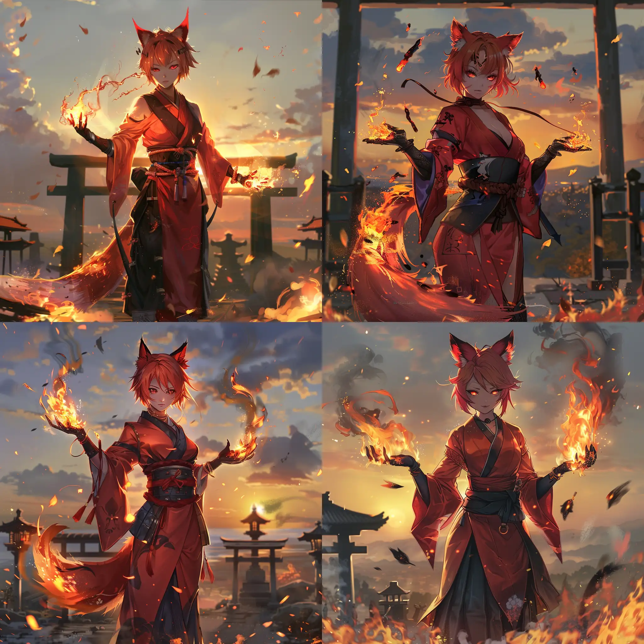 anime-style, full body, athletic, beautiful, tan skin, asian woman, short fiery red hair, red fox ears, red fox tail attached to her waist, fiery red eyes, wearing a long red kimono, black hakama, black sash, long black gloves, black leather boots, casting fire magic, hands wrapped in fire,  good anatomy, dynamic, embers falling in foreground, shinto shrine, sunset