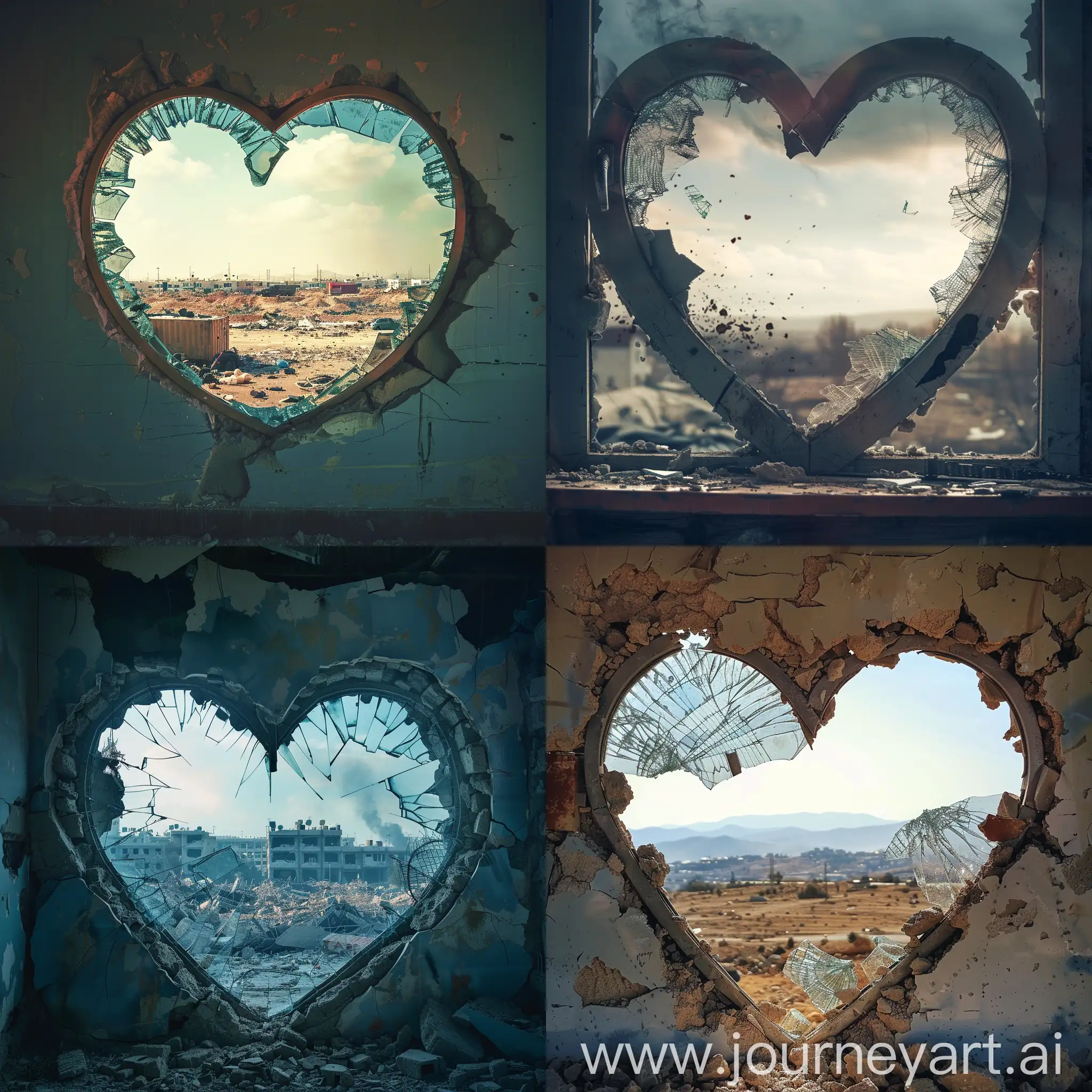 Watching a war zone through a broken window in the shape of heart.