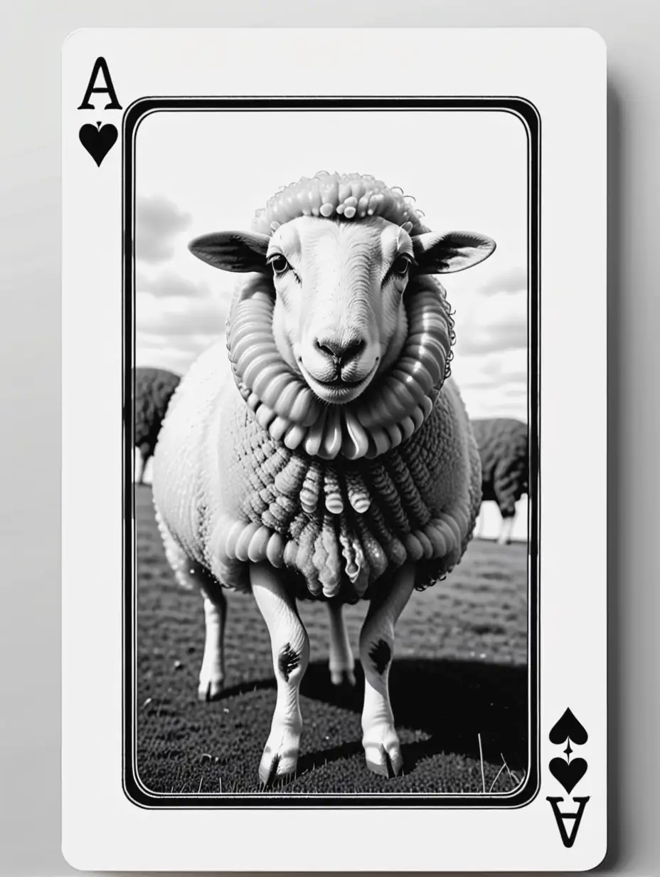 sheep on playing card, black and white
