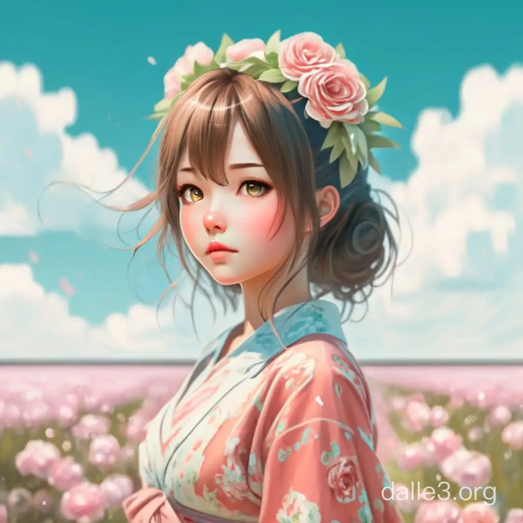 Kawaii realistic Japanes girl, blue sky background, rose background, ( cowboy shot:1.5), lace trim, (Pink Lace Dresses),(floral pink dress1.5), windy, floating hair, silver tiara, glossy makeup, pink rouge, face focus, sharp focus, fair-skinned, Unreal Engine, 8K, RAW, Super-Resolution, Ray Tracing, best quality, high resolution photography,((smile)), ((open mouth)), high school student, 18 years old, Height 156cm, flat chest, upper body bust size Ccup, waist size 52cm, baby face, cute eyes, long colored eyelashes, detailed beautiful skin, collarbone, dark brown hair, ((long hair:1.5)), small half updo, blunt bangs, soft light, (The ratio of "from the hairline to the bottom of the eyebrows," "from the bottom of the eyebrows to the bottom of the nose," and "from the bottom of the nose to the tip of the chin" is 1:1:1,The width of the face is five times the width of the eyes, The ratio of "width of face" to "length of face" is 1:1.46), Balance both eyes, brazen-nosed, (Express every detail of the fingertips of both hands), Calculate and adjust the balance of body size, Skin texture expresses feminine softness, detailed beautiful skin,