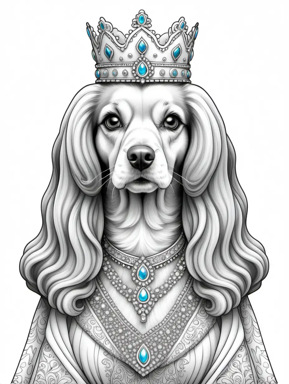 clean black and white only, plain solid-white background, highly detailed, bust shot, Generate an adult coloring book page featuring a Persian-inspired image of an Afghan dog dressed as a princess and wearing a Royal dress