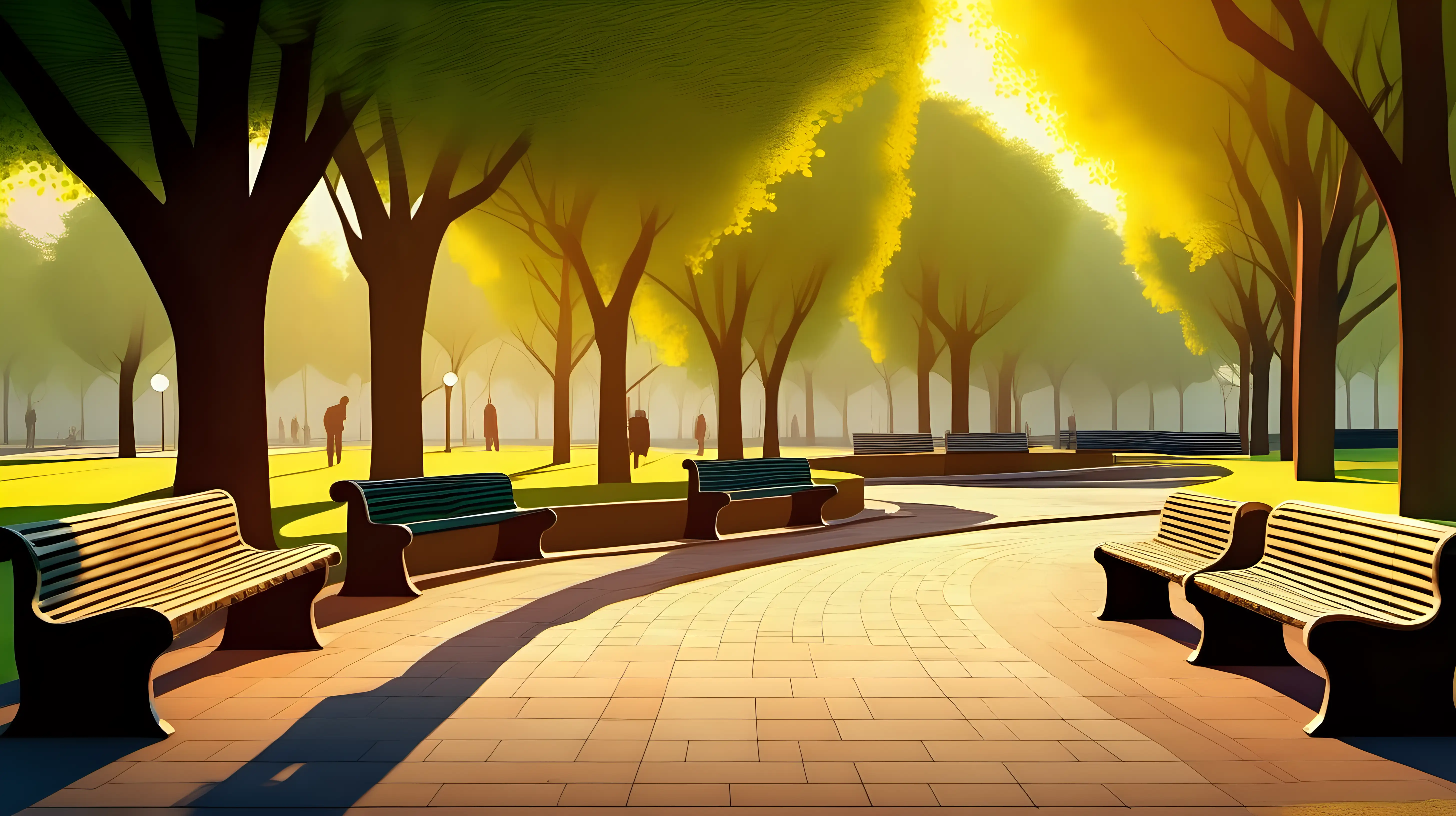 Tranquil Sunset Stroll in Serene Park with Benches