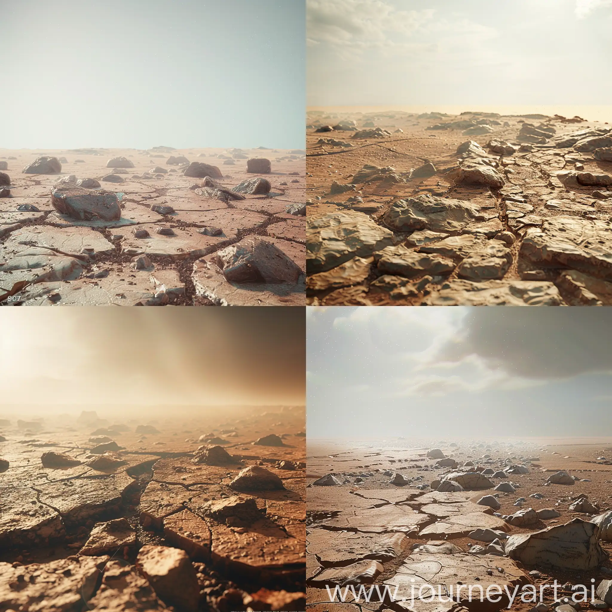 Mars-Landscape-Rocky-Terrain-and-Cracked-Earth-under-a-Hazy-Sky