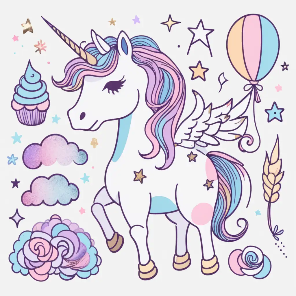 Handrawn illustration bright pastel unicorn clip art elements