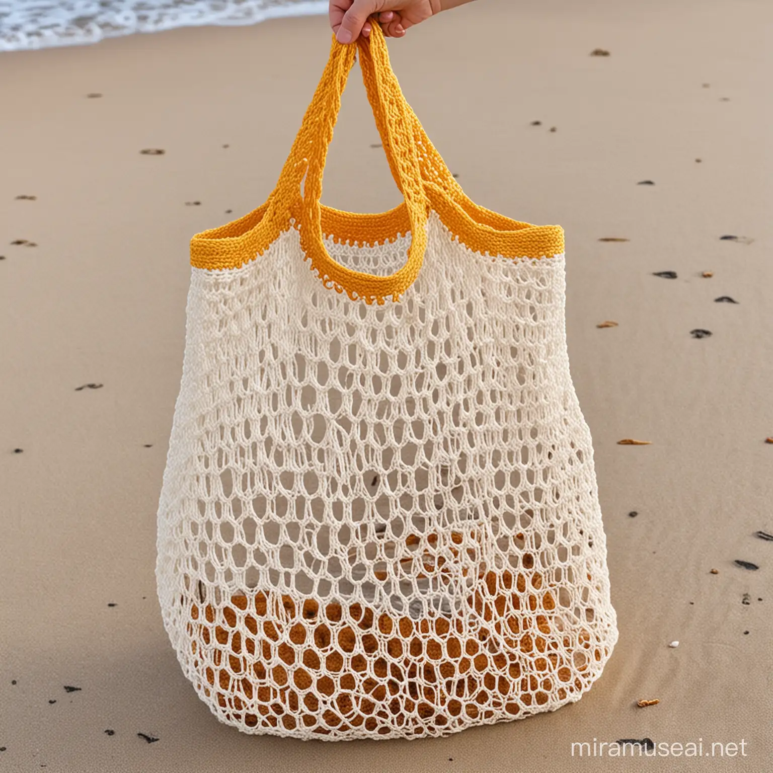 create a crochet mesh net empty grocery bag with a beach background
