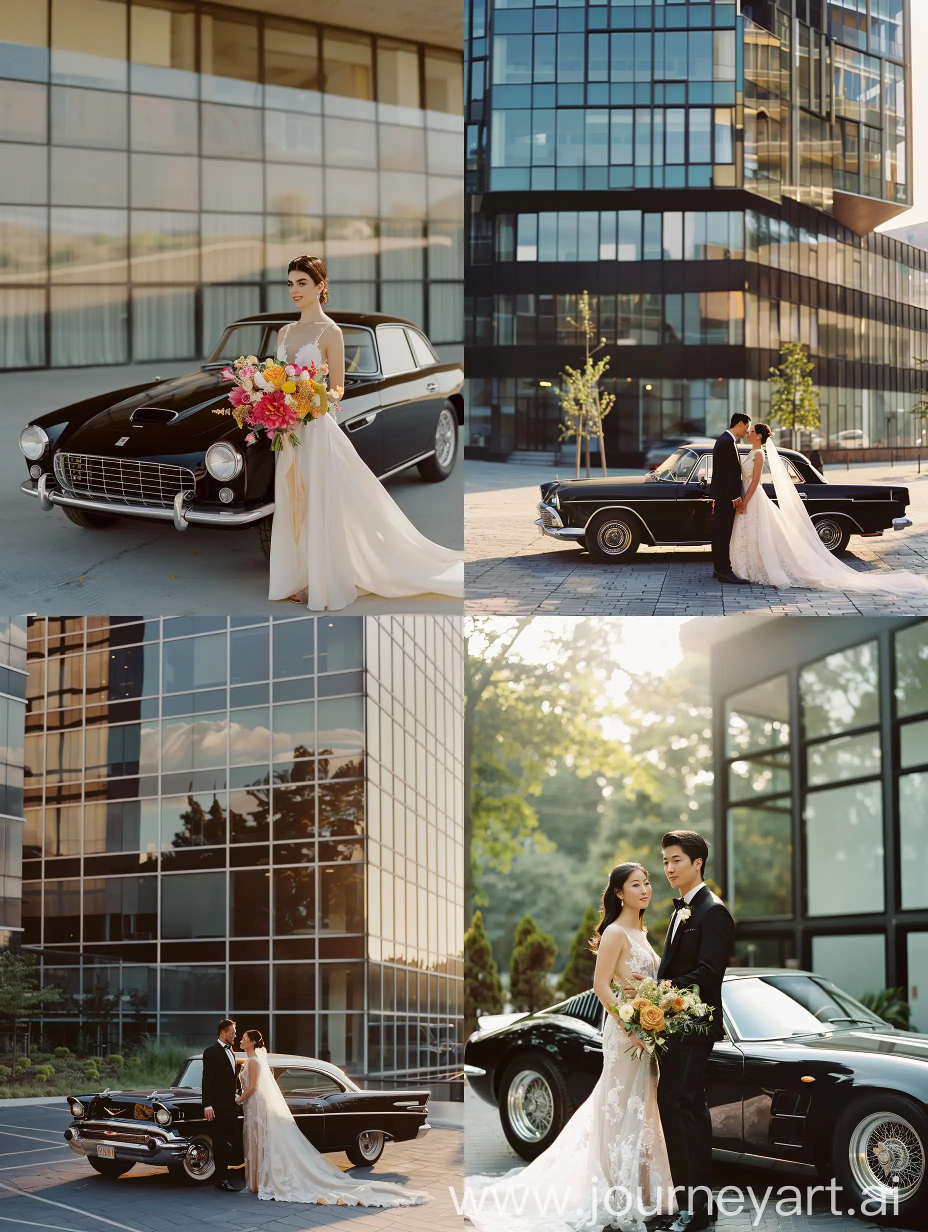 Editorial wedding photoshoot at modern bulding with classic car  using kodak portra 200 with 35mm film