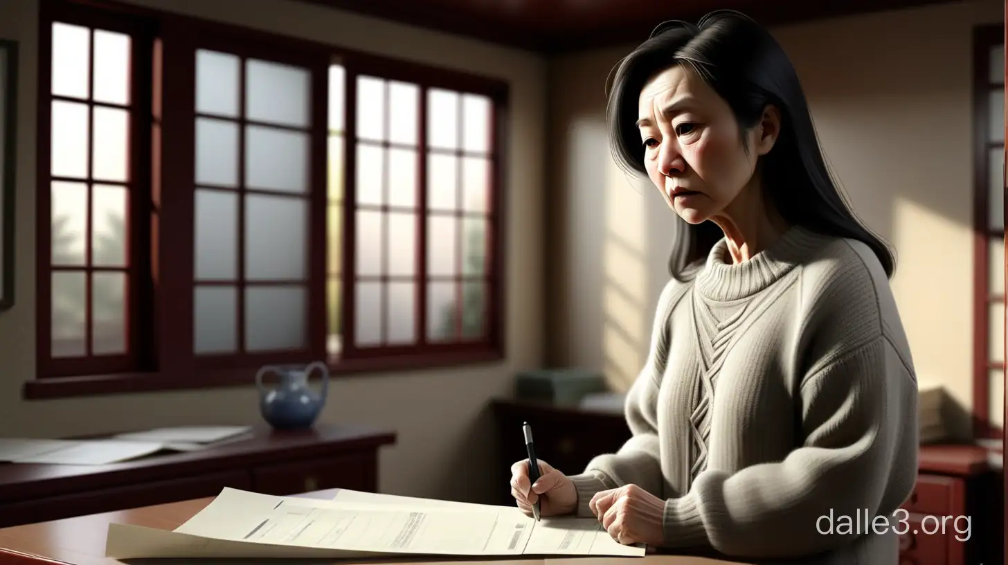 清晨，空荡荡的屋内，一个中国中年妇女穿着毛衣一脸坚定看着房产证