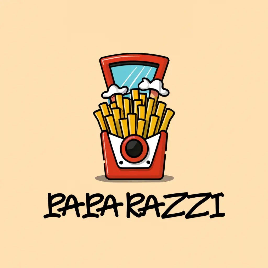 a logo design,with the text PAPA-RAZZI, main symbol:French Fries on a Fries container with the container fused with a poloroid camera,Moderate,be used in Restaurant industry,clear background