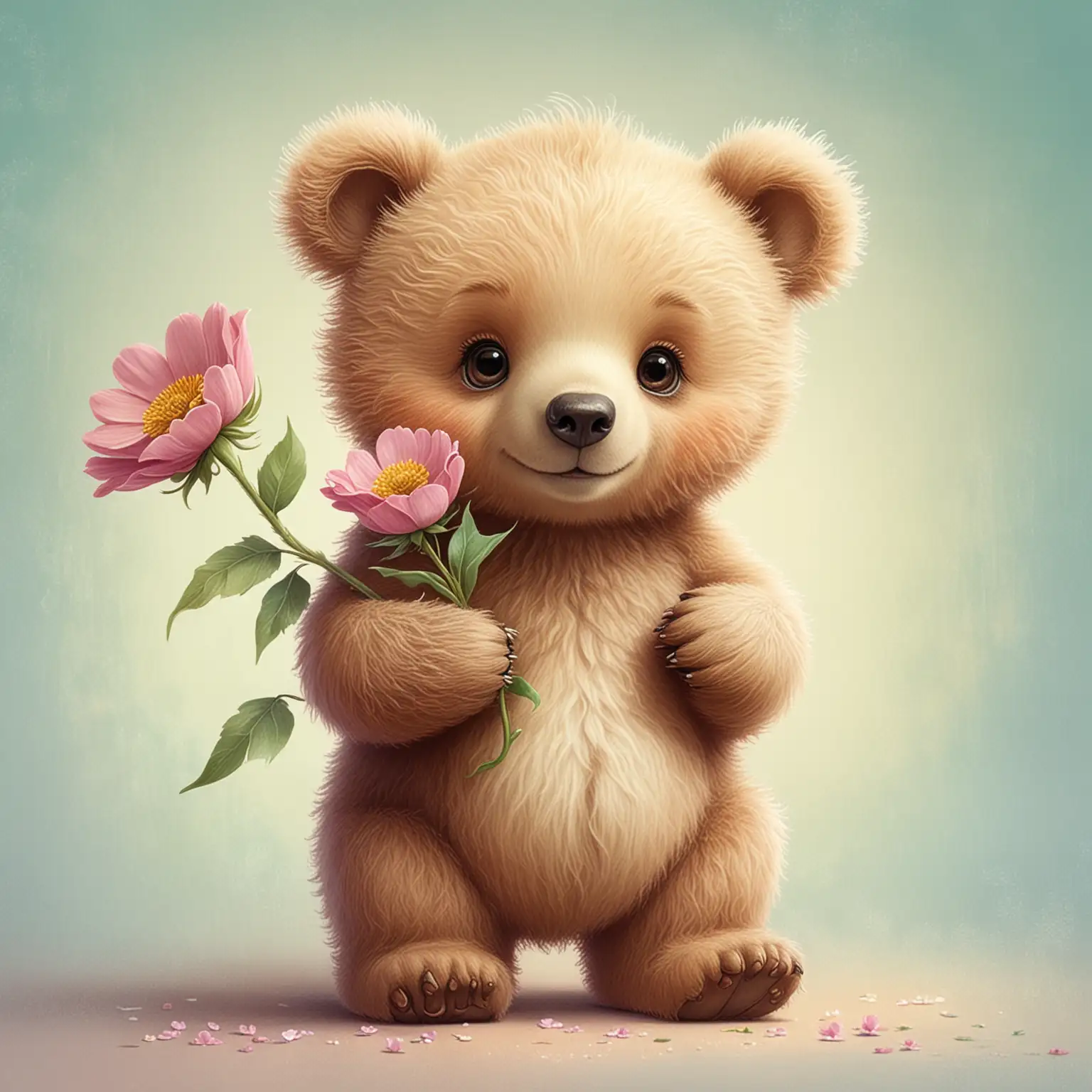  whimsical, fairytale, cartoon baby bear holding a flower, use soft pastels,,  The background should be transparent.
