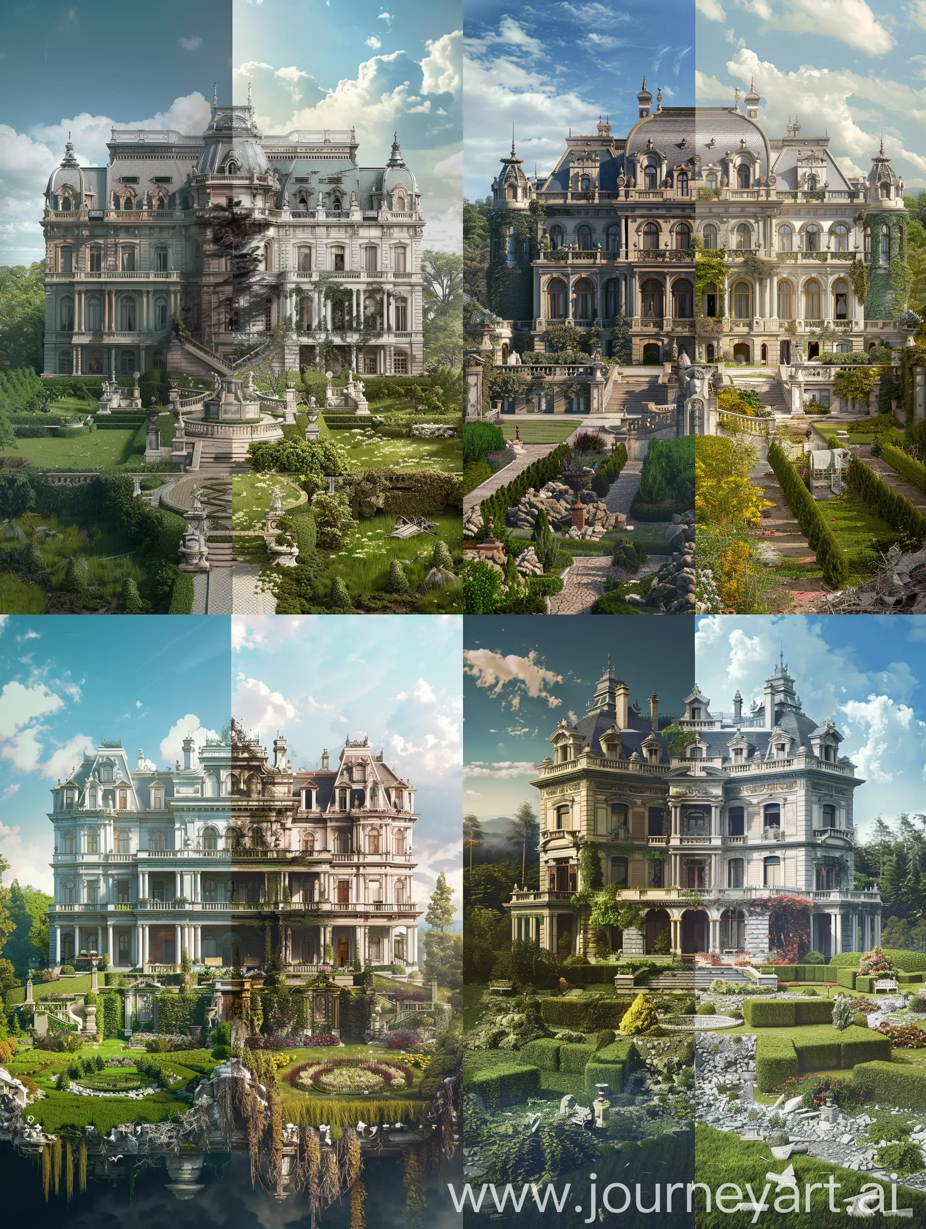Generate a hyper-realistic and emotionally compelling YouTube video thumbnail for a documentary exploring the dramatic narrative of the Vanderbilt Empire. The image should fill the entire canvas and be divided down the middle to showcase a stark contrast between two eras. On the left side, depict the pinnacle of the Vanderbilt family's wealth with a focus on an extravagant mansion, symbolizing their peak prosperity. This side should feature luxurious elements such as intricate architecture, manicured gardens, and symbols of wealth to emphasize the family's opulence and power during their zenith. On the right side, illustrate the empire's decline with a portrayal of the same mansion in a state of disrepair or neglect, highlighting overgrown gardens, faded glory, and a sense of abandonment. This contrast should visually narrate the rise and fall of the Vanderbilt Empire, capturing the viewer's curiosity and drawing them into the historical saga of wealth and loss. The design should aim for photo-realistic detail to ensure the story is conveyed with depth and emotion, engaging the viewer's interest without the need for text or explanatory elements.