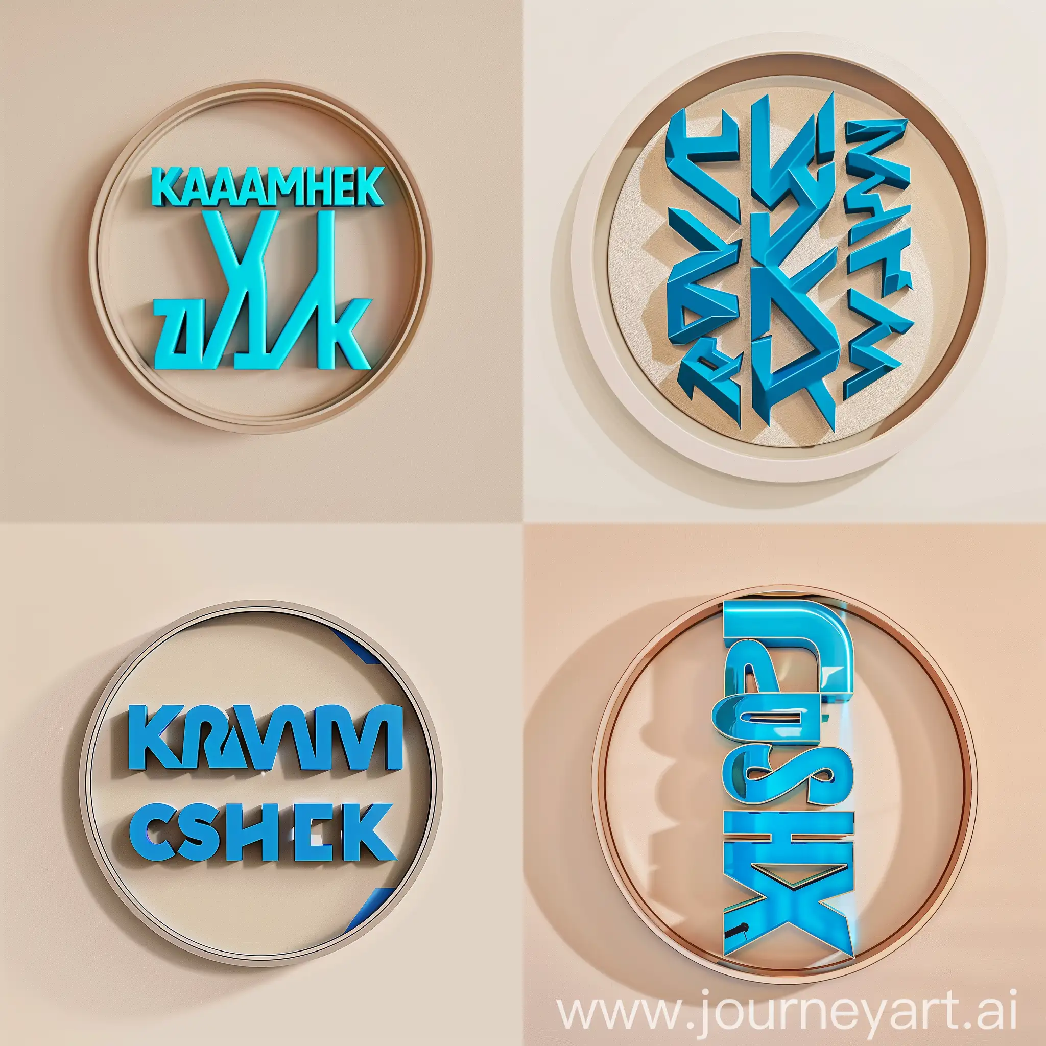 The photo shows a vertical logo in a round frame with the text "karamshek" on a light beige background. The text is in bold, playful blue font. The letters are arranged in a non-standard way, giving the impression of three-dimensionality and volume