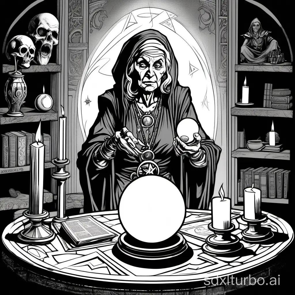 comic line art, a small elderly gypsy woman:diviner, scrying with a crystal ball, a tome sitting on a table, pentagram amulet, candle, surprised expression, full body, dark and moody atmosphere, black and white ink, no gradients, 2bit vector, high contrast, heavy lines, thick lines, thick bordered, style of AD&D, by Jeff Dee, by Erol Otus, by Larry Elmore,