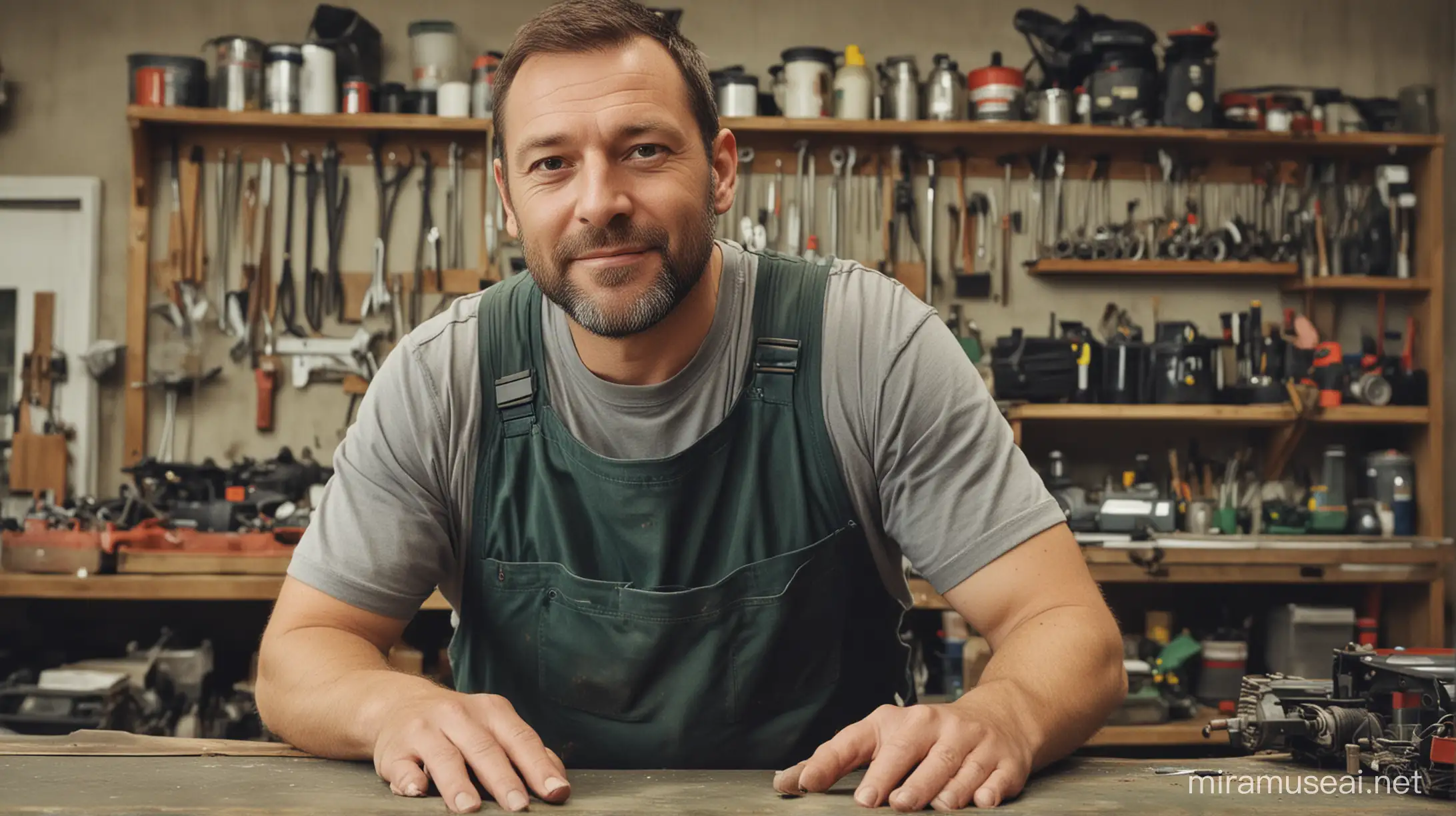 Create a 40-year old man, standing behind a counter in a workshop where he repairs lawn mowers.