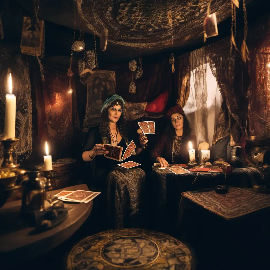 a gypsy madame holding tarot cards at the table 