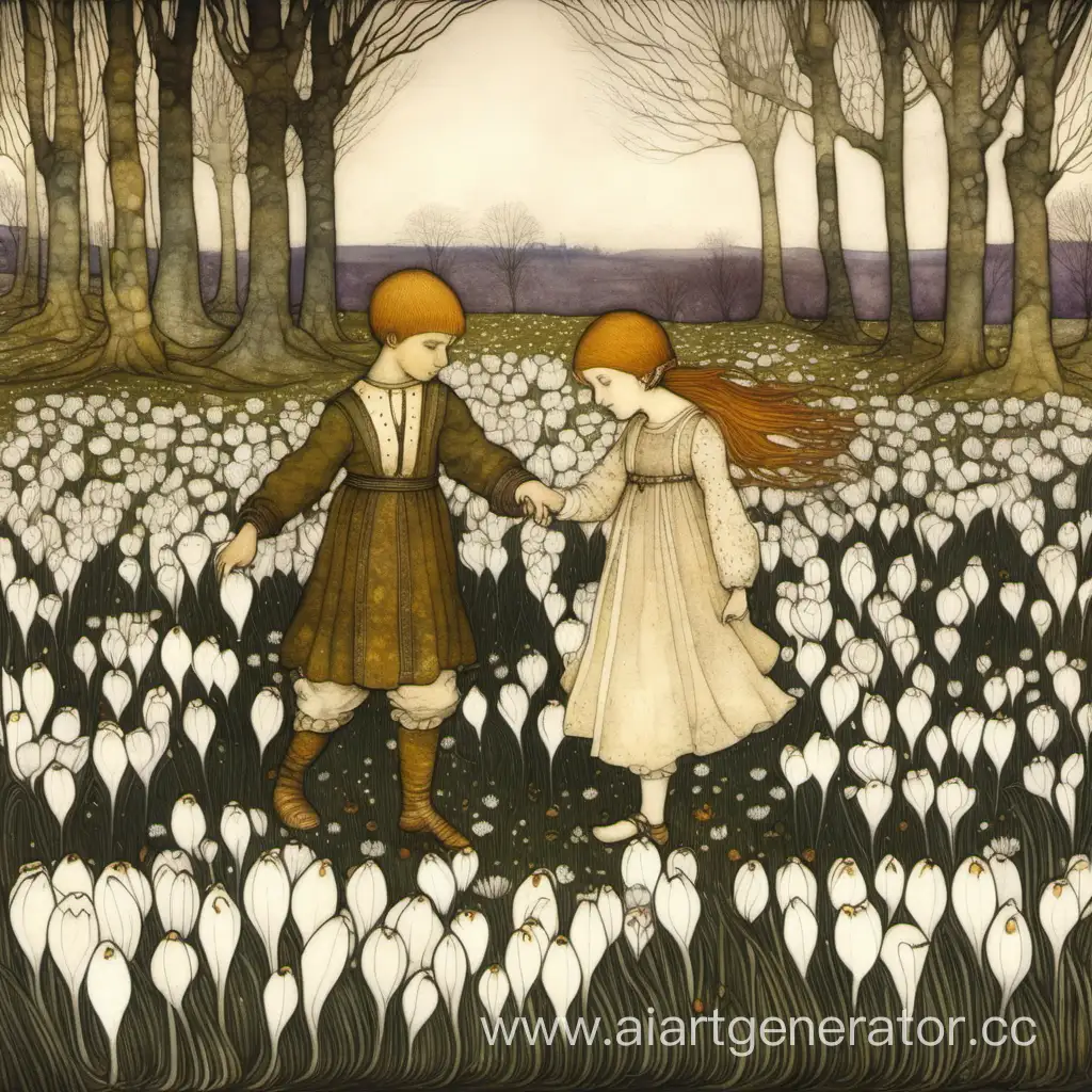 A boy and a girl dancing in a field of crocus and snowdrops. Painting inspired by john bauer