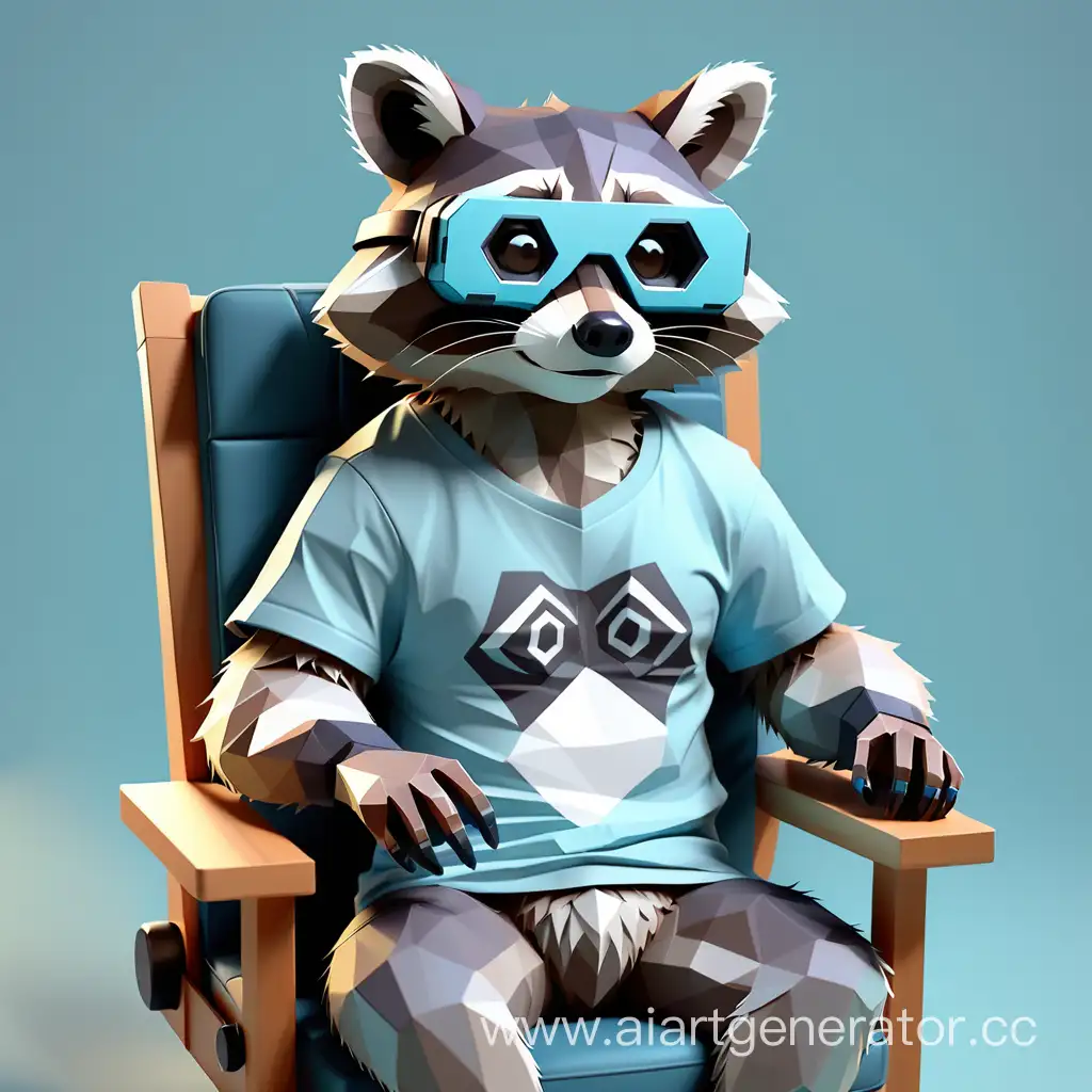 Нарисуй мне 3D low polly енота в очках виртуальной реальности, который в голубой футболке и сидит в кресле