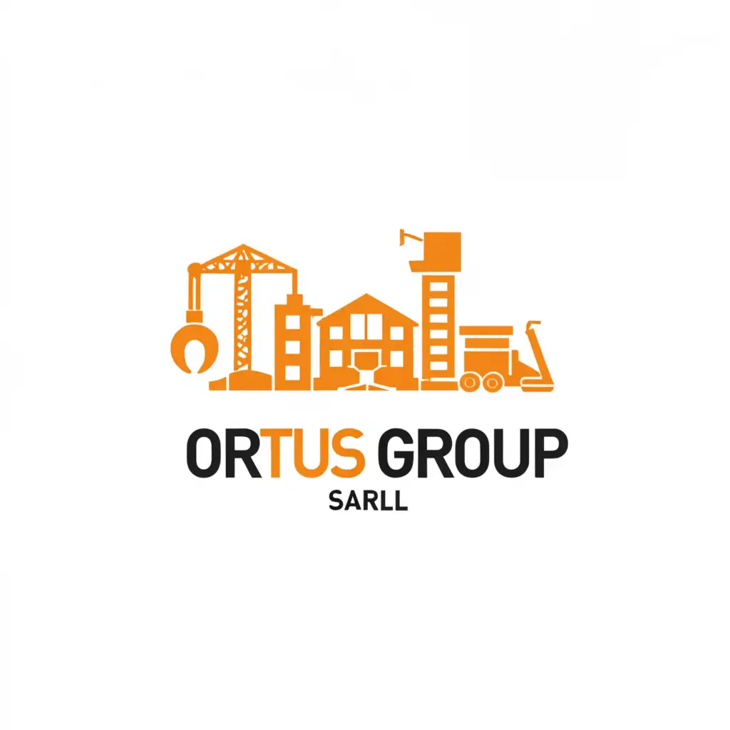 a logo design,with the text "ORTUS GROUP SARL", main symbol:EXCAVATOR, DUMP TRUCK, CRANE, BUILDING, CONSTRUCTION,Moderate,be used in Construction industry,clear background