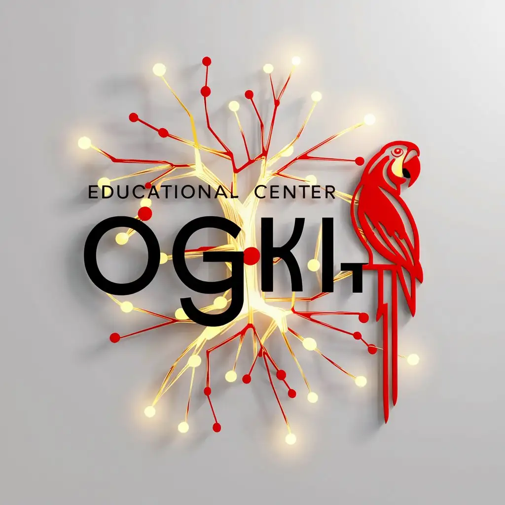 логотип образовательный центр ОГНИ, 2-3 цвета,  светящиеся нейронные связи, красный попугай, просто, лаконично, с высоким разрешением