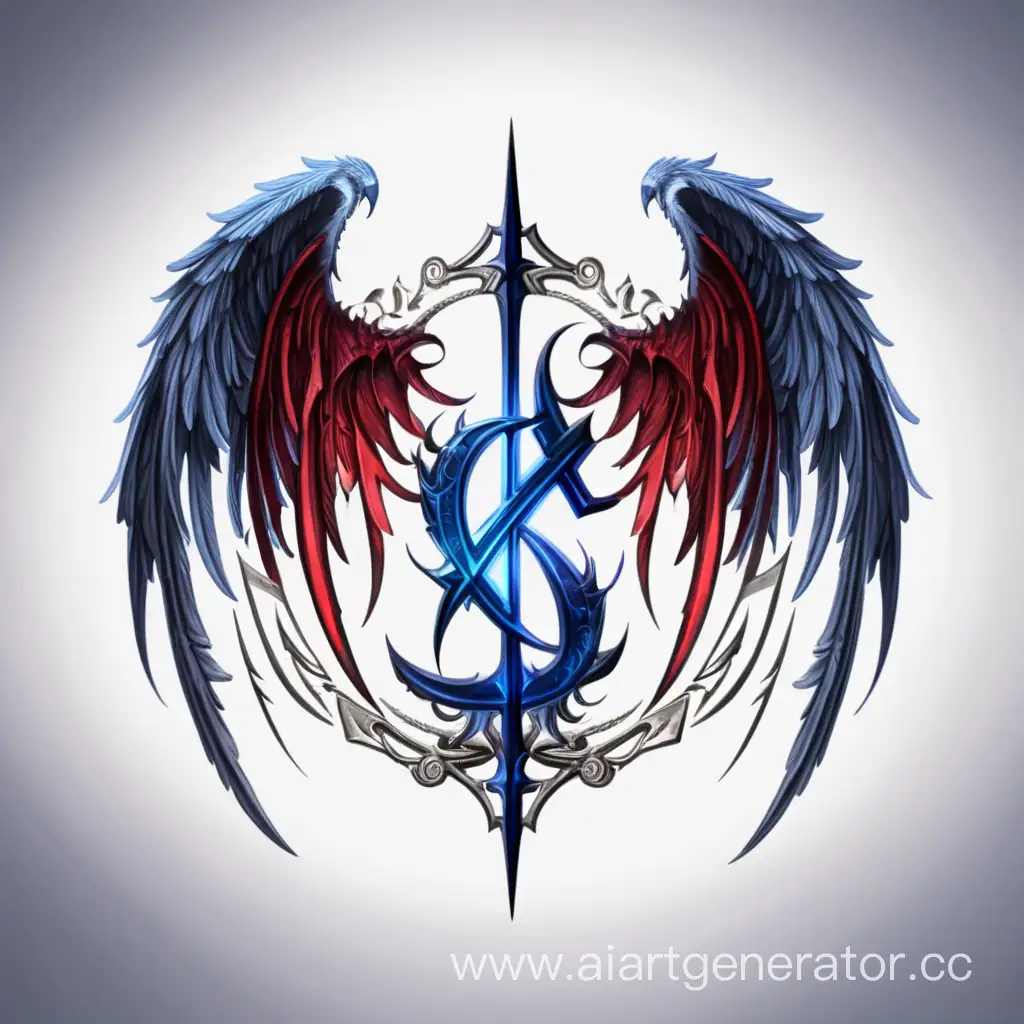 Логотип с красным и синим цветом, с названием "A bless & curse". Должно быть по одному ангельскому и демоническому крылу.