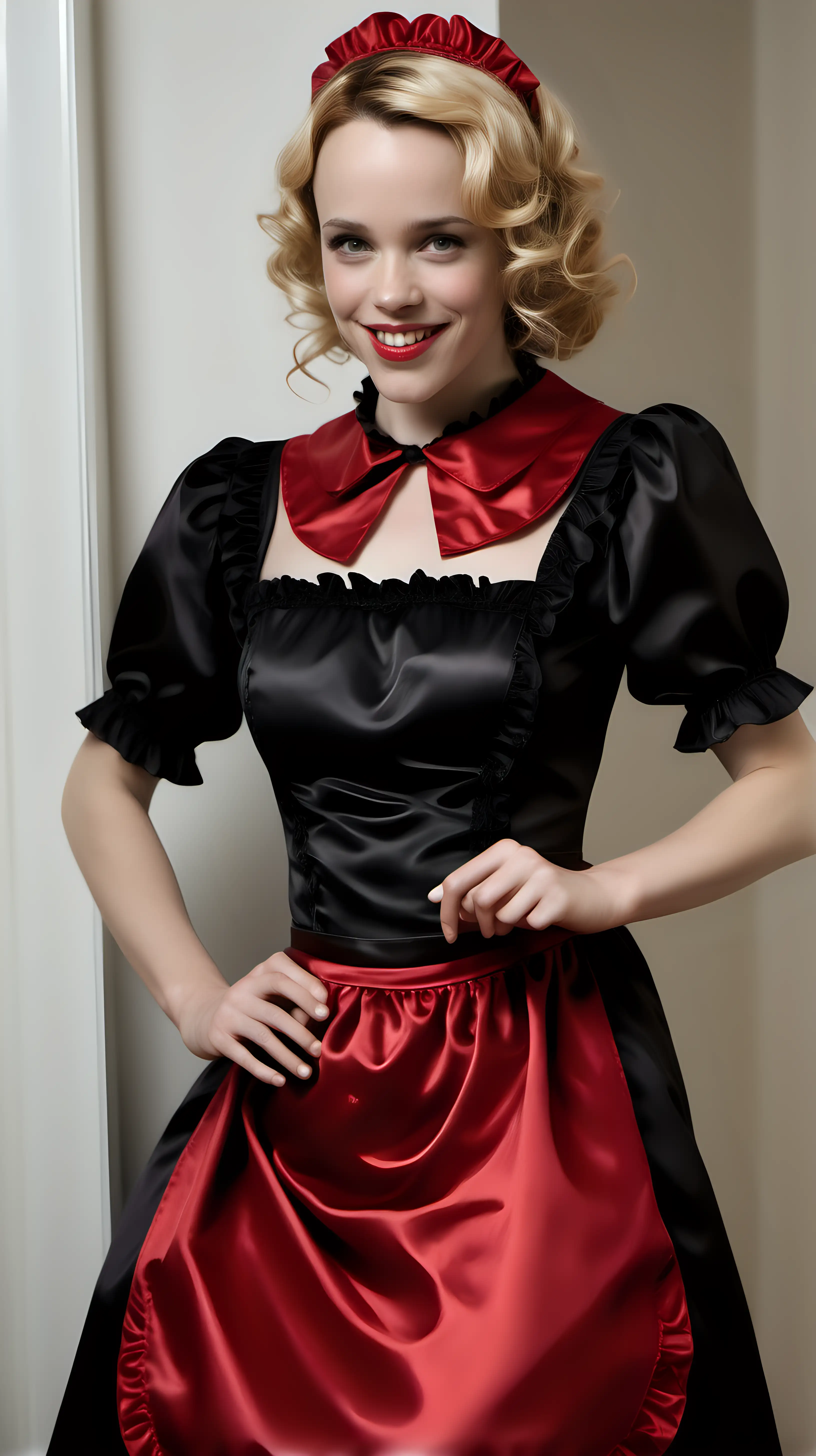 girls in long crystal silk satin red black lila retro victorian maid gown with red apron and peter pan colar and long and short sleeves costume and milf mothers long blonde and red hair,black hair rachel macadams  smile in house