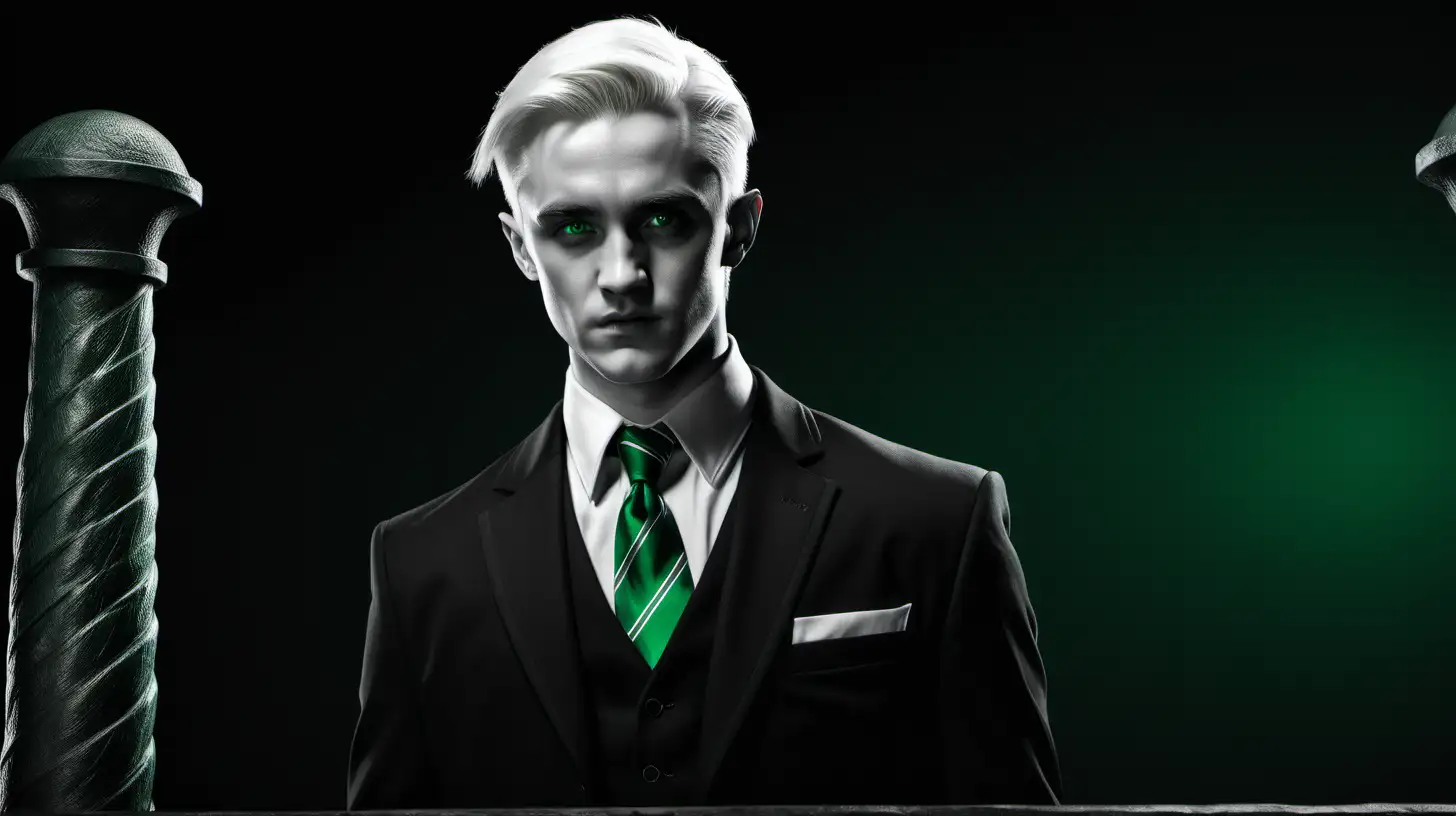 sin city style, black and white, Draco Malfoy, short white hair, green eyes, dressed in black suit with white shirt and necktie with Slytherin colors, standing on  a tribune, hyper-realistic
