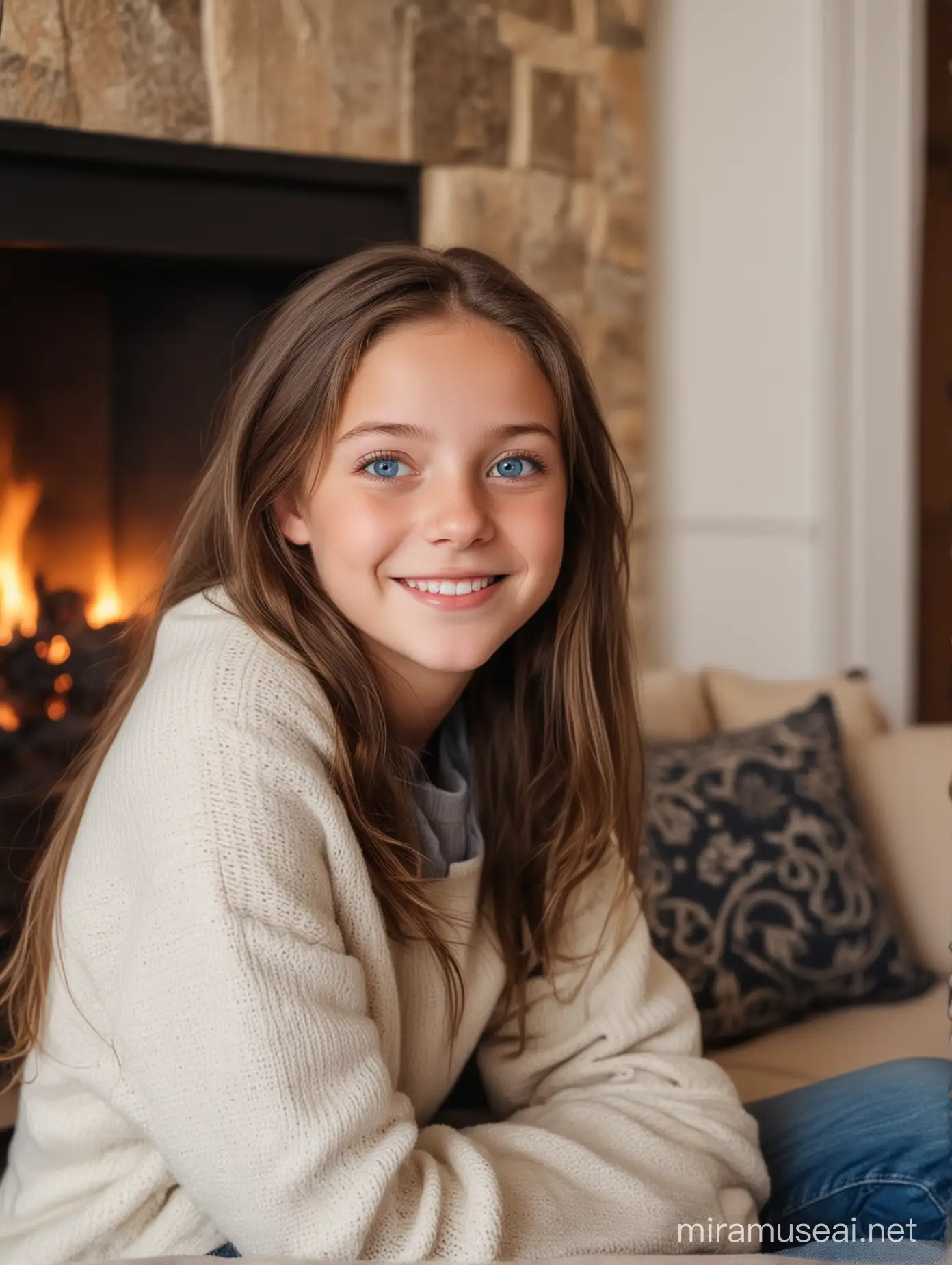 Девочка 13 лет, милая, шатенка, голубые глаза сидит на диване на фоне камина, зима, Рождество, подарок, озорная улыбка