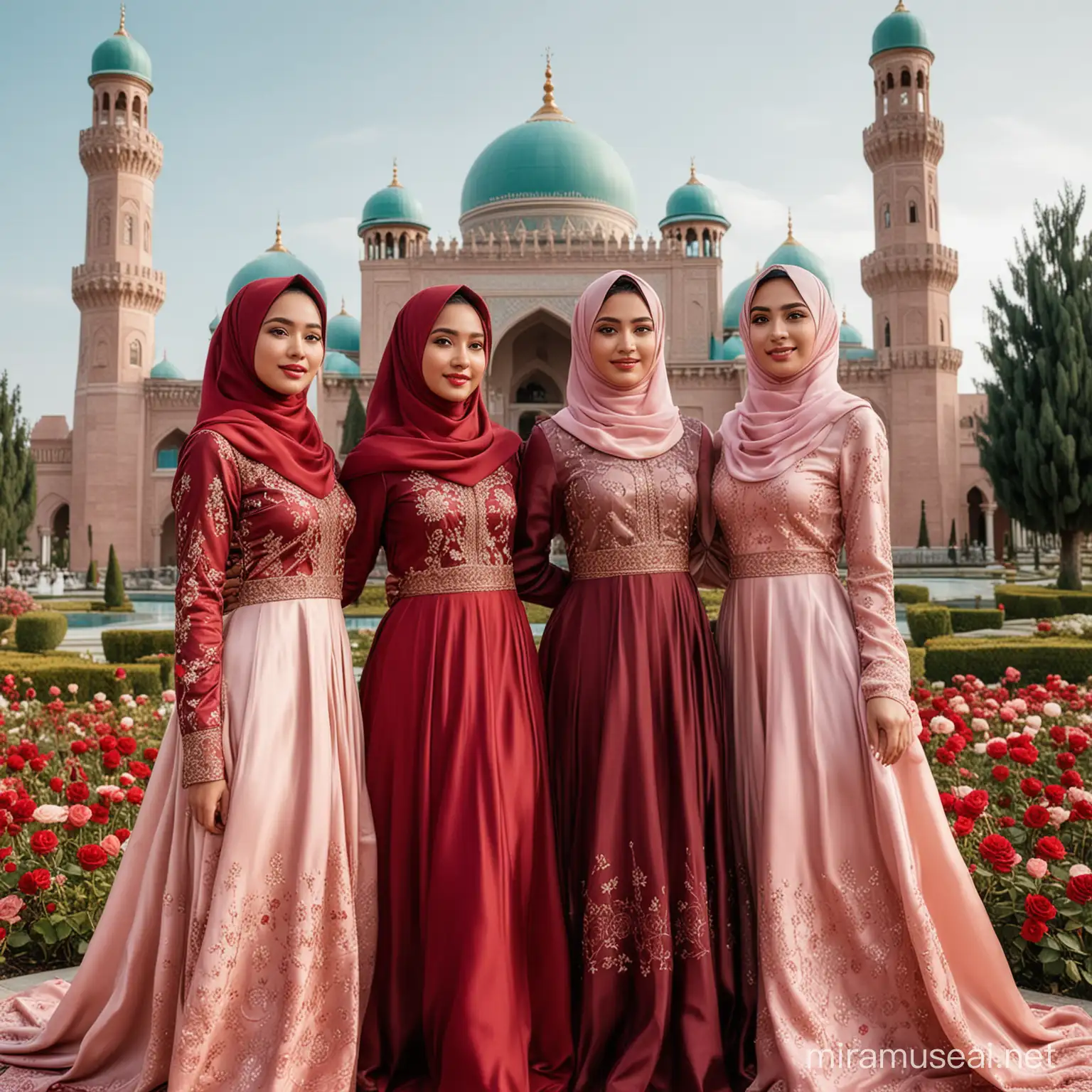 Tiga putri cantik jelita, memakai gaun sutra mewah, warna merah maroon, muslimah, wajah indonesia, baiground taman bunga mawar warna warni ada masjid indah
