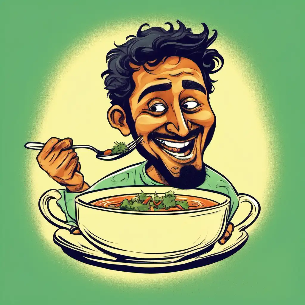 Illustration request: Comically depict a man, of South Asian descent, with a fun-loving nature. In the said illustration, this man should be seen attempting to enjoy his soup using a fork instead of a spoon, which subtly brings out his unconventional approach to life. The phrase 'Trust a guy who eats soup with a fork' must be written in bold, stylized letters across the top or bottom of the image, emphasizing the humor and charm of the quirk. The overall tone should be light and joyful.